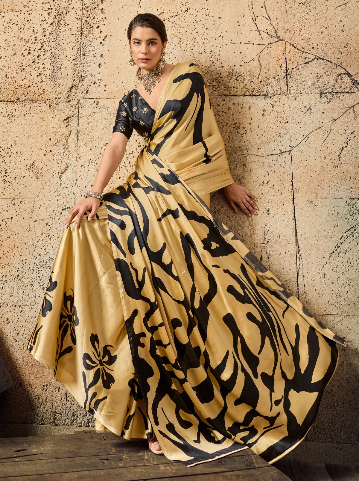 Golden Premium Modal Satin Silk Saree With Blouse Piece