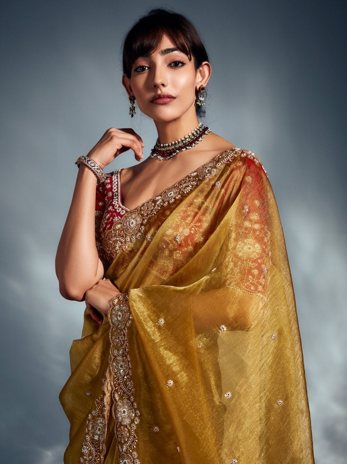 Golden Tissue Organza Wedding Saree With Blouse Piece