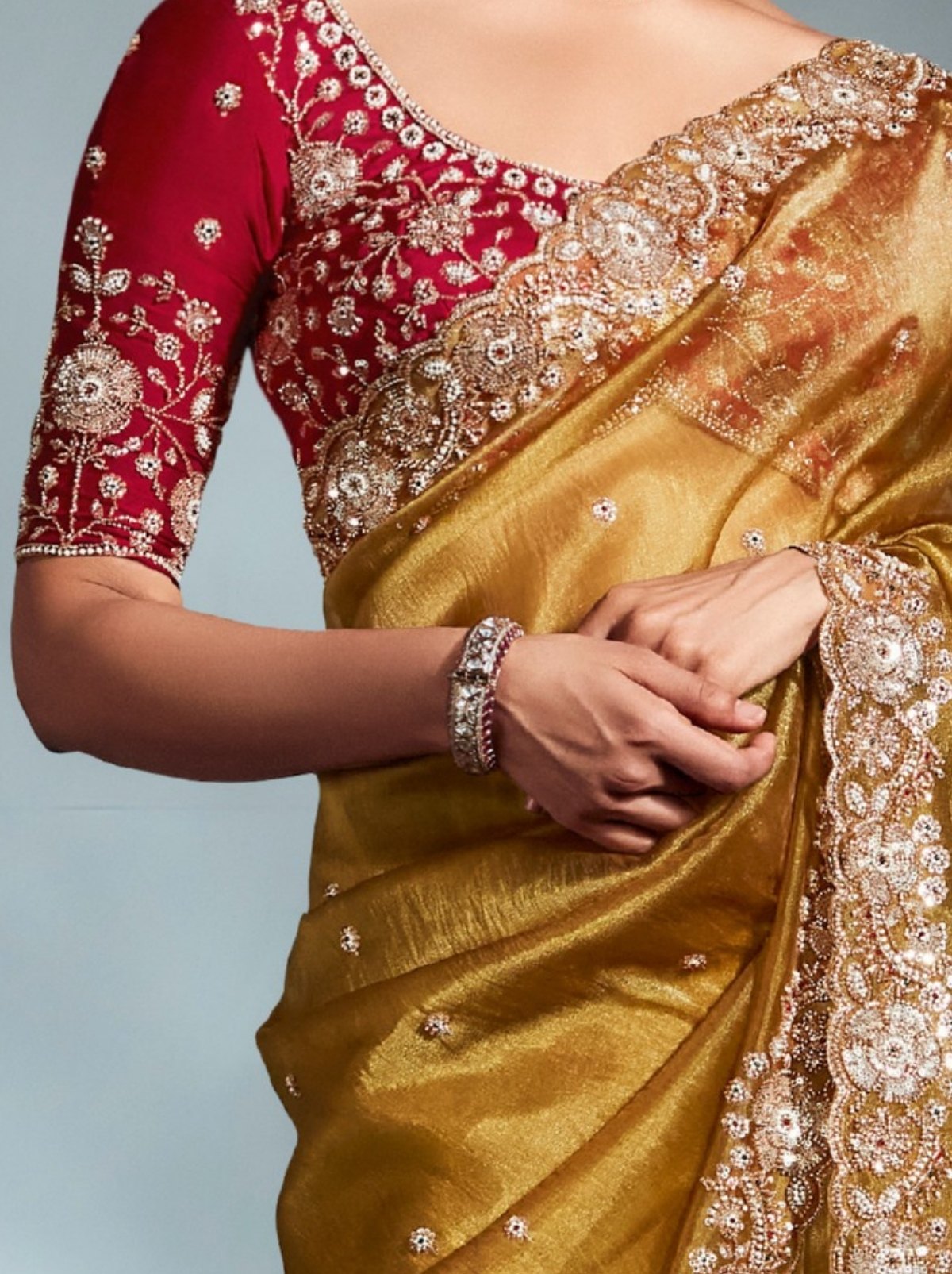 Golden Tissue Organza Wedding Saree With Blouse Piece