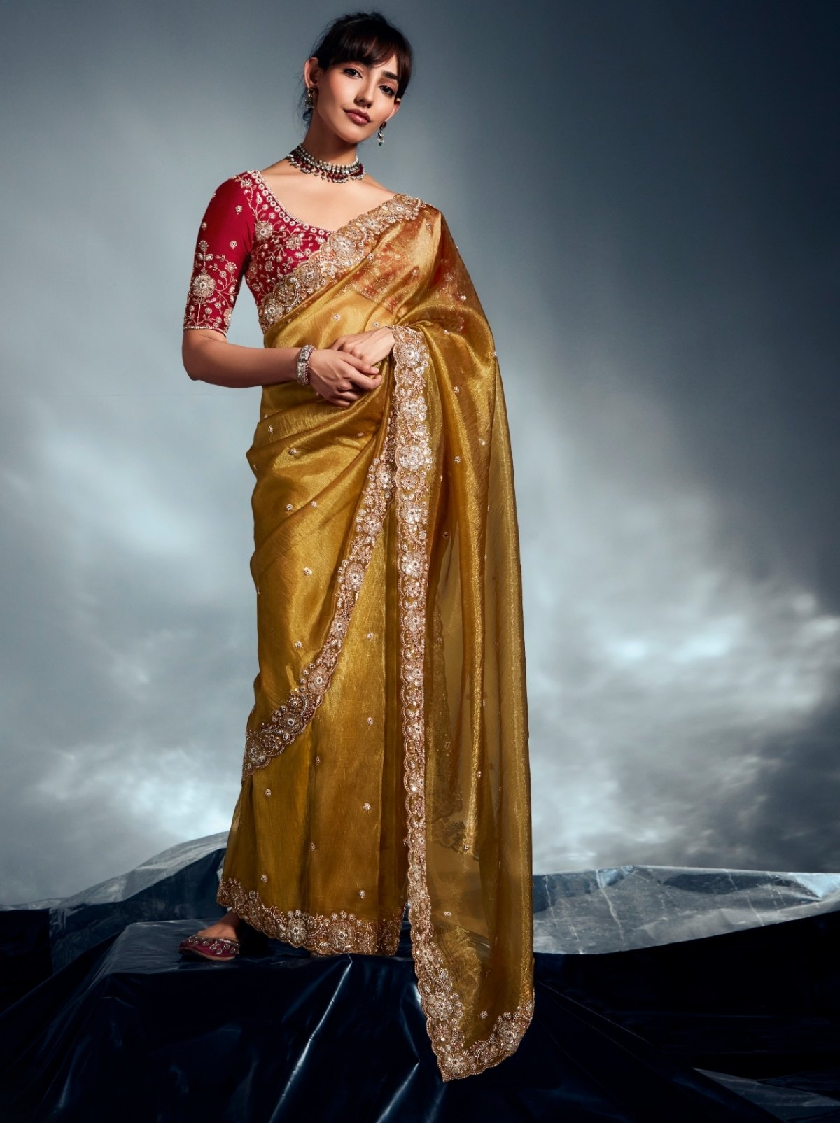 Golden Tissue Organza Wedding Saree With Blouse Piece