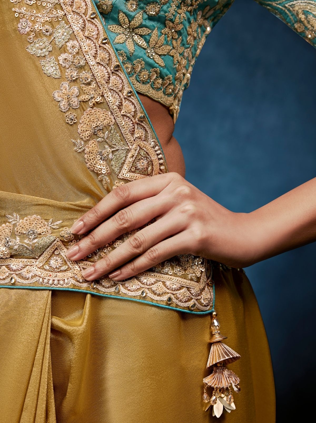 Golden Premium Sequin Embellished Designer Saree With Blouse - TrendOye