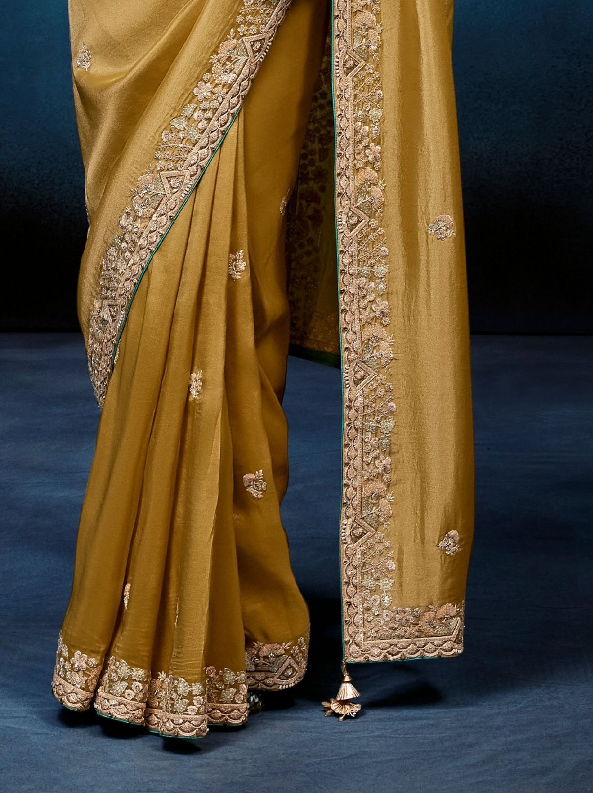 Golden Premium Sequin Embellished Designer Saree With Blouse - TrendOye