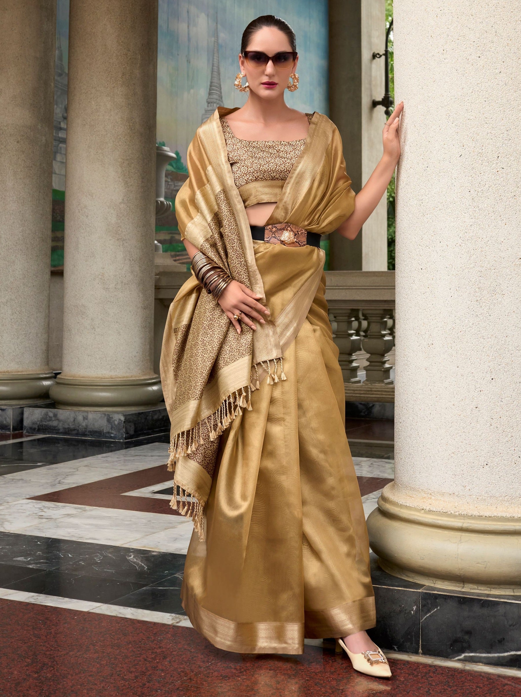 Golden Tissue Silk Celebration Saree - TrendOye