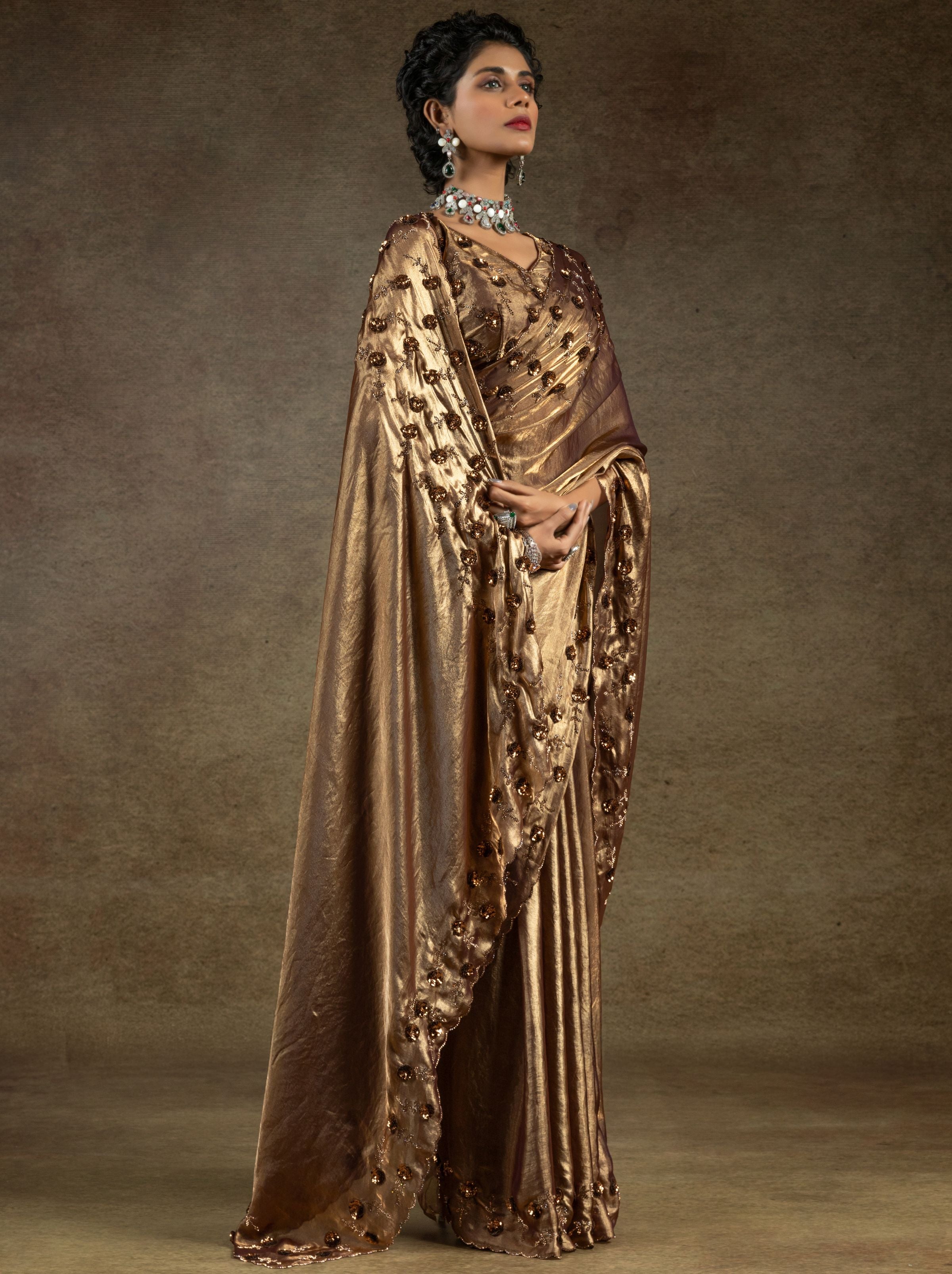 Golden Satin Silk Party Saree With Blouse Piece - TrendOye