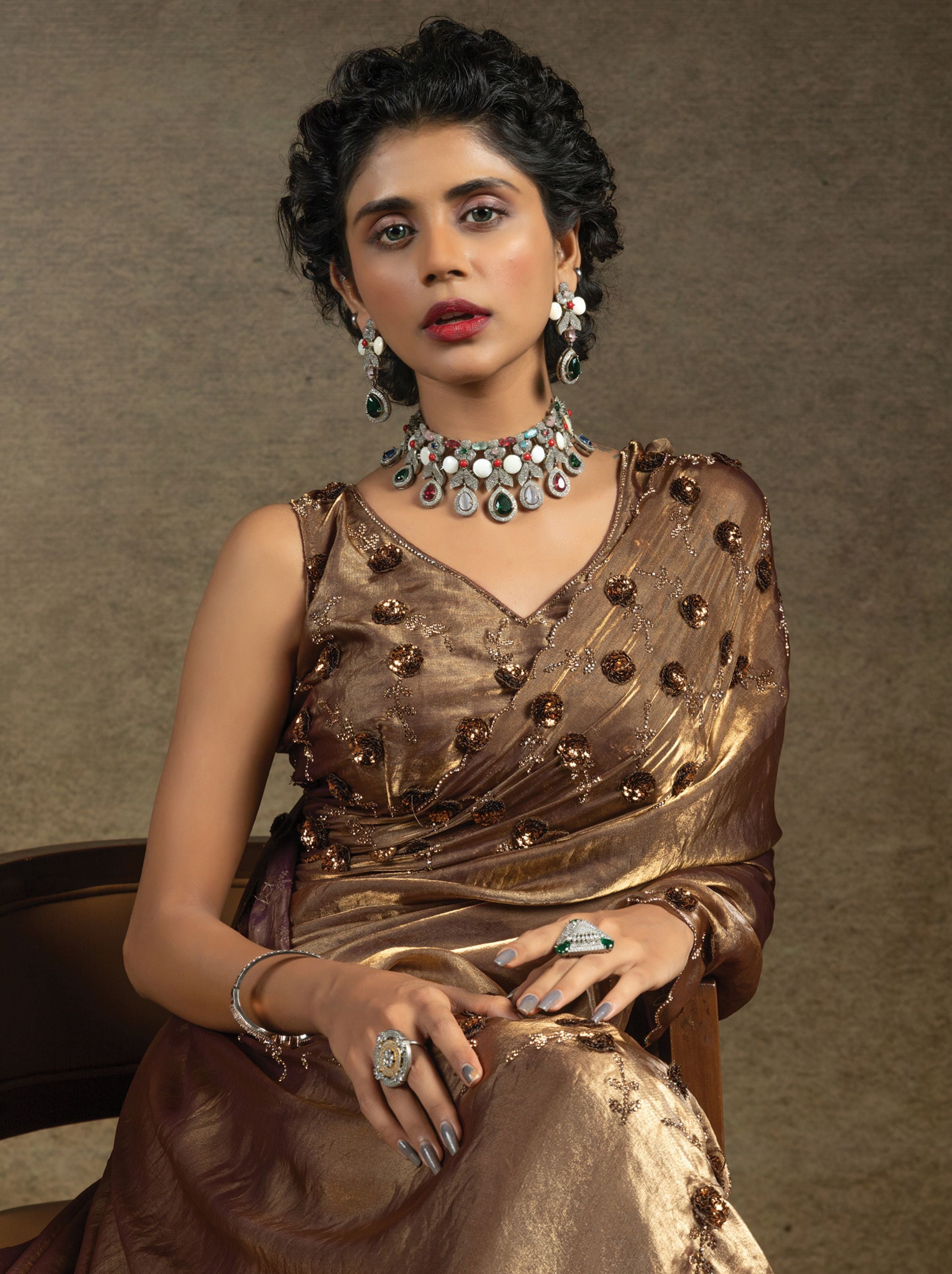 Golden Satin Silk Party Saree With Blouse Piece - TrendOye