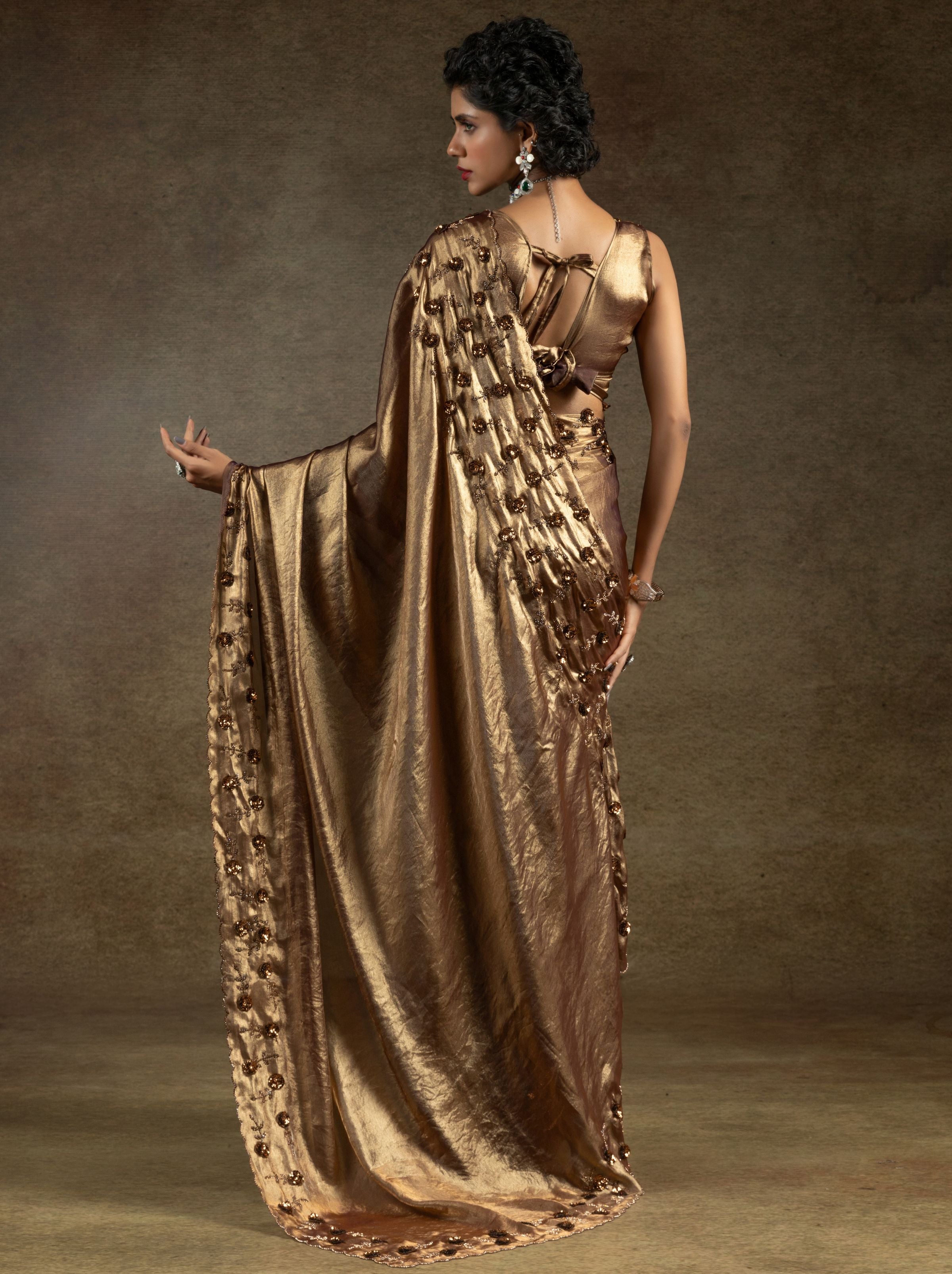 Golden Satin Silk Party Saree With Blouse Piece - TrendOye