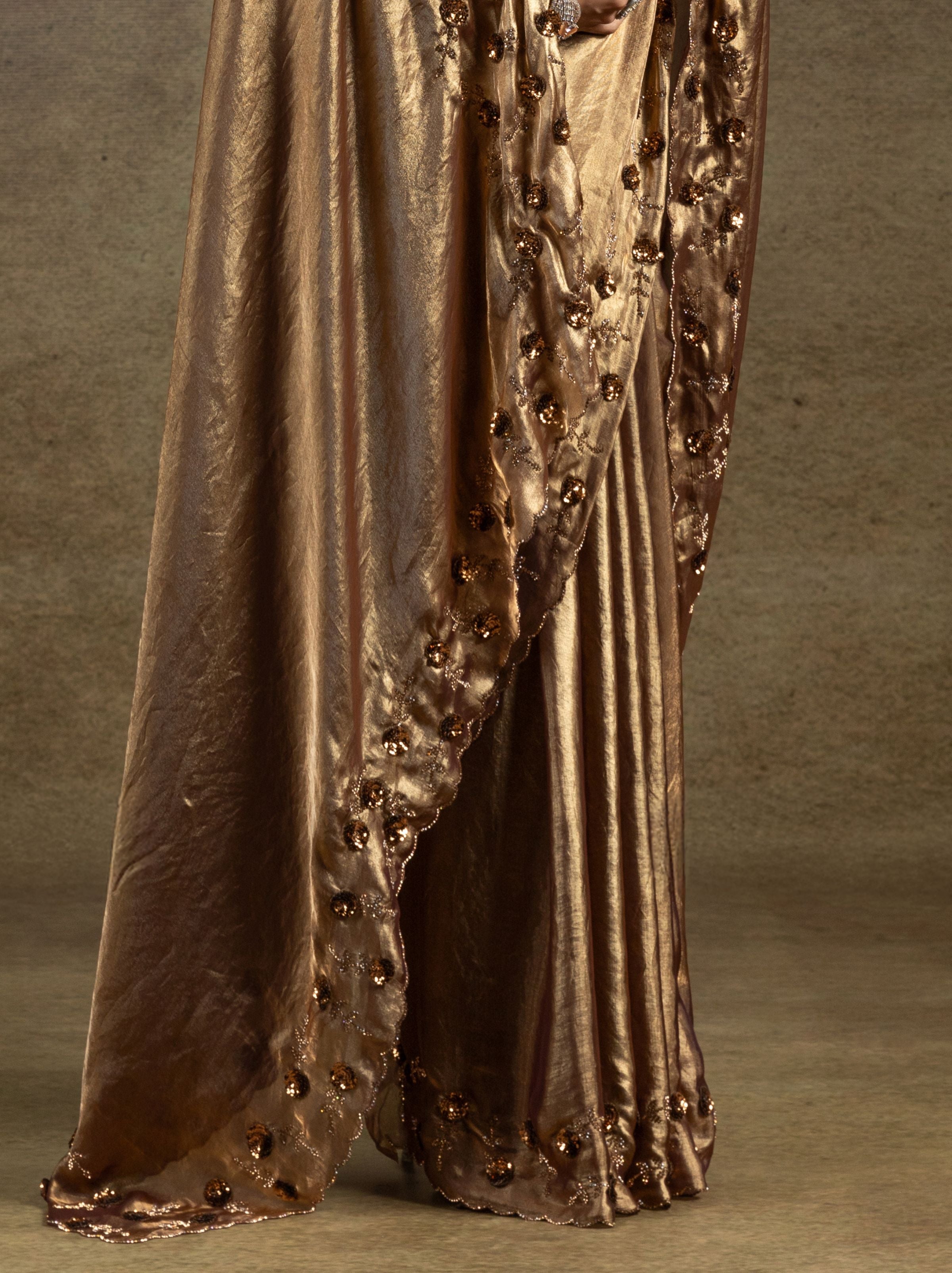 Golden Satin Silk Party Saree With Blouse Piece - TrendOye