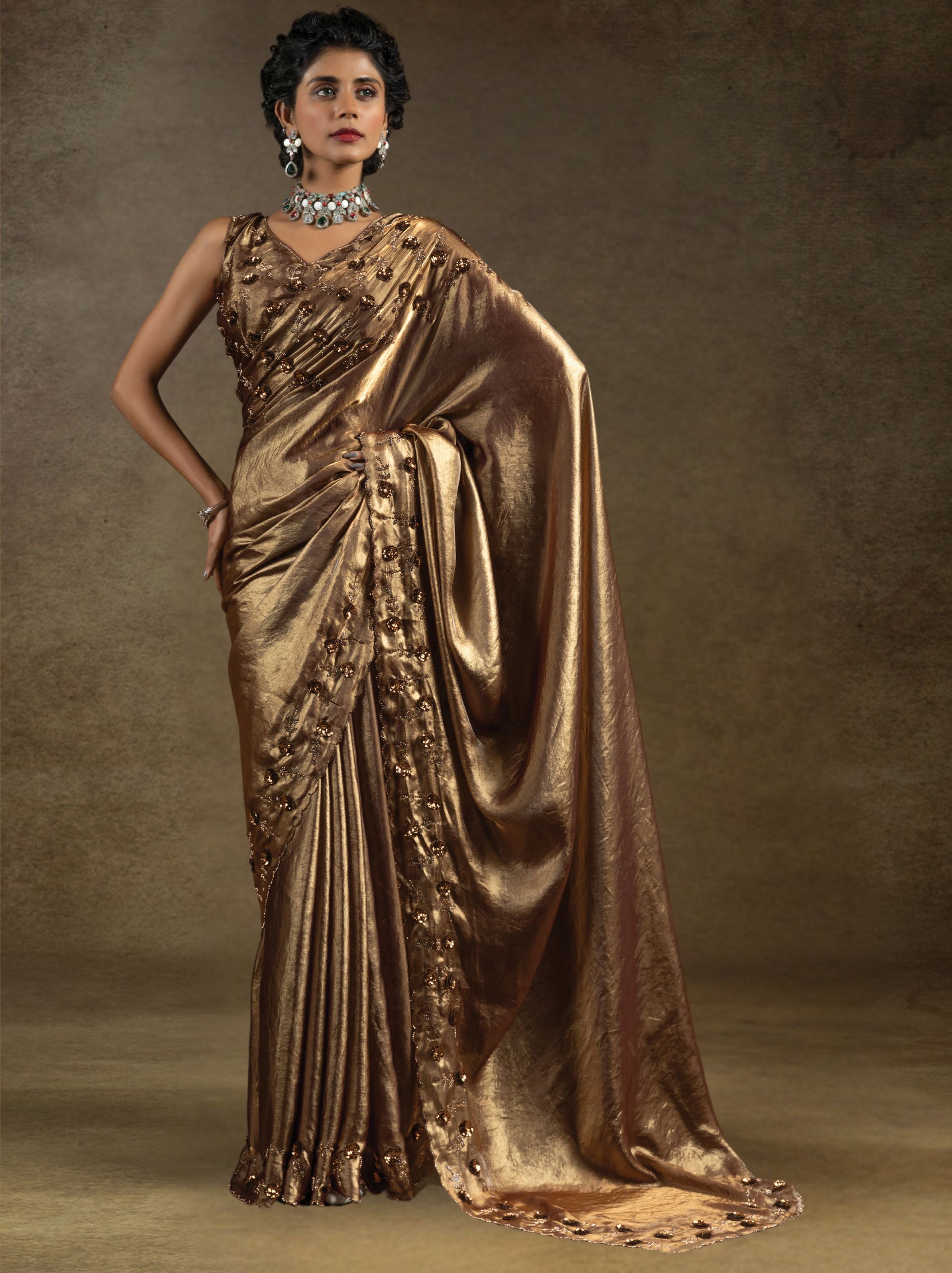 Golden Satin Silk Party Saree With Blouse Piece - TrendOye