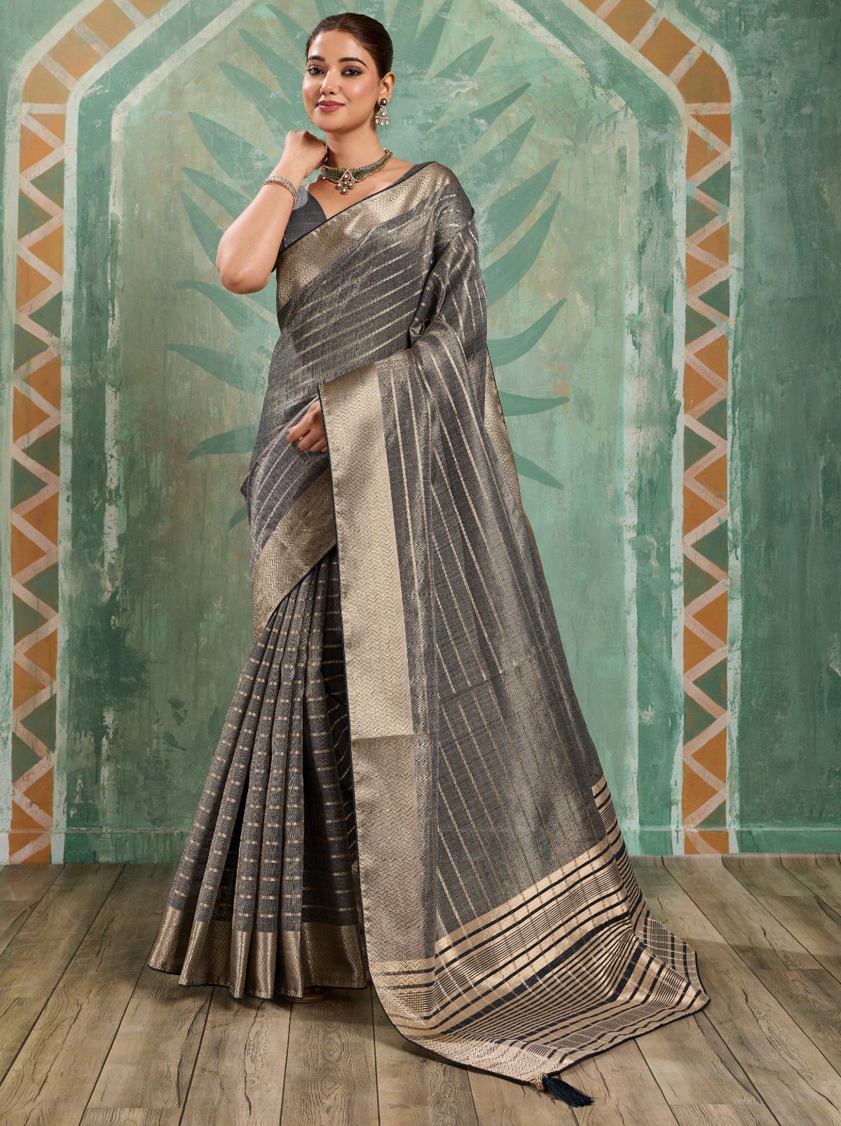 Gray Cotton Tissue Saree with Soft Gold Zari Woven