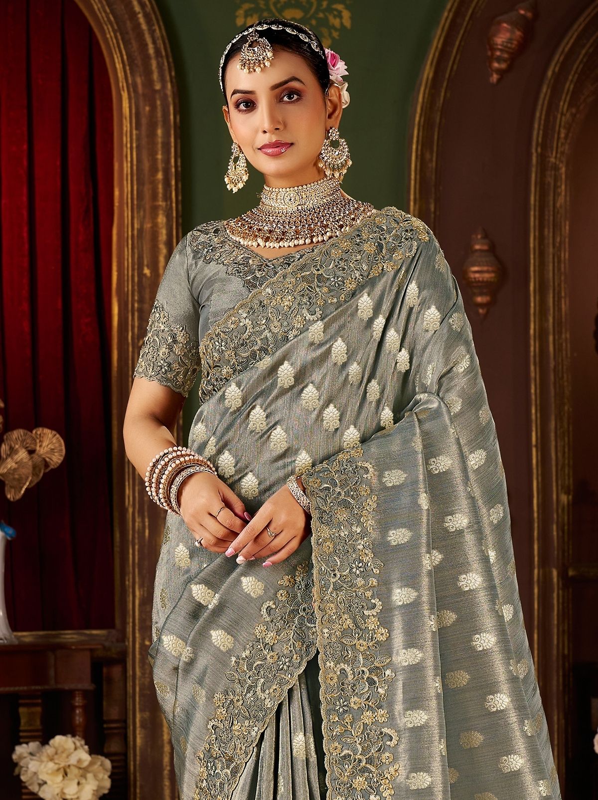 Seal Gray Designer Fancy Silk Bridal Saree With Blouse Piece