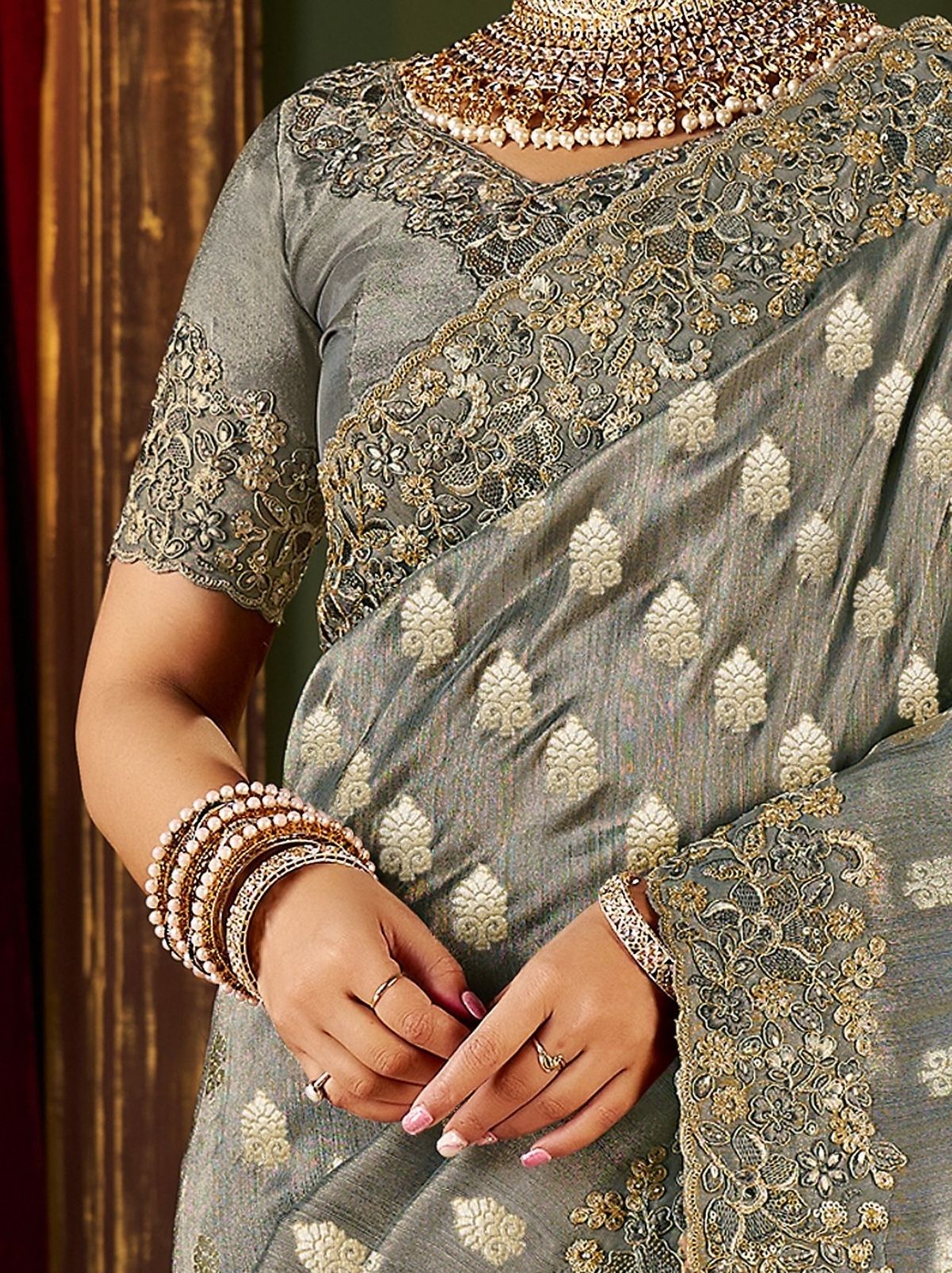 Seal Gray Designer Fancy Silk Bridal Saree With Blouse Piece