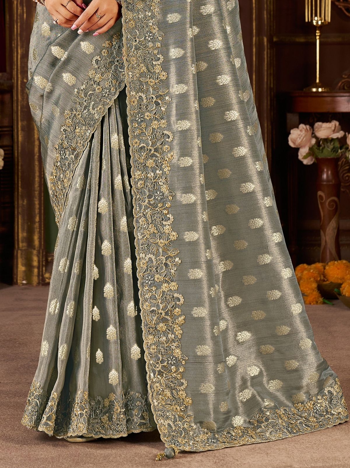 Seal Gray Designer Fancy Silk Bridal Saree With Blouse Piece