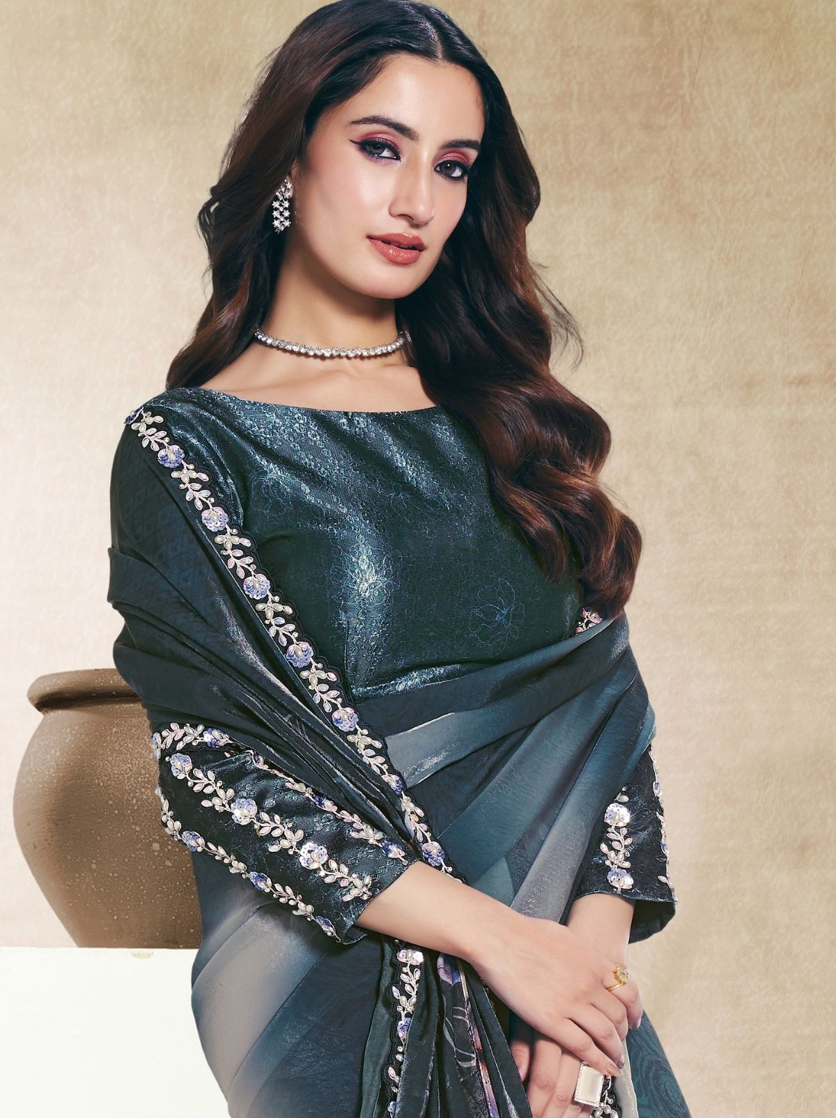 Slate Gray Premium Two Tone Satin Silk Saree WIth Blouse Piece - TrendOye