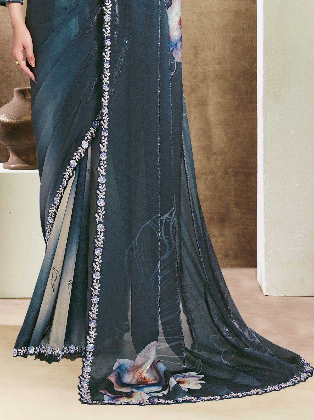 Slate Gray Premium Two Tone Satin Silk Saree WIth Blouse Piece - TrendOye