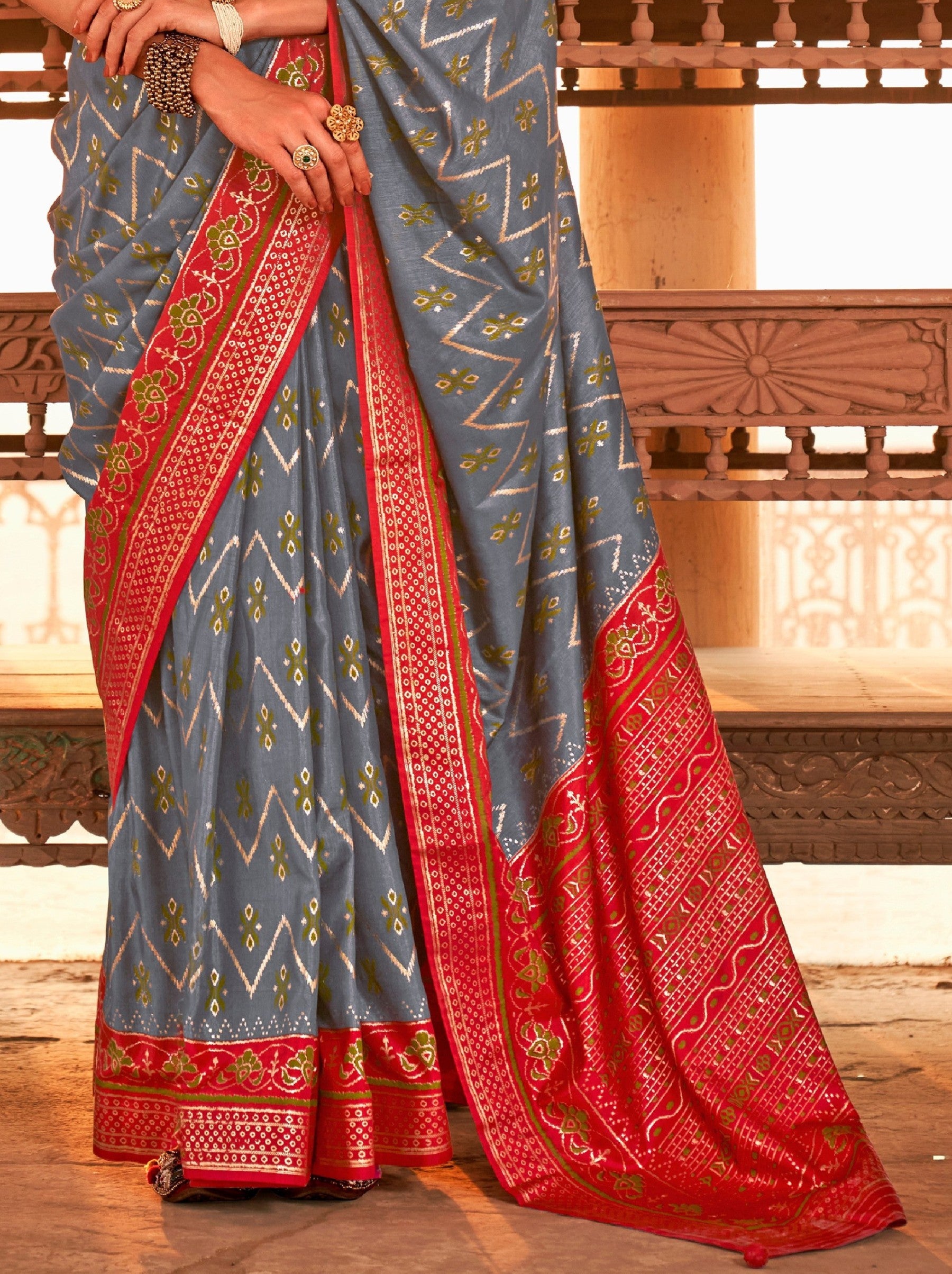 Steel Gray Premium Patola Festive Saree - TrendOye