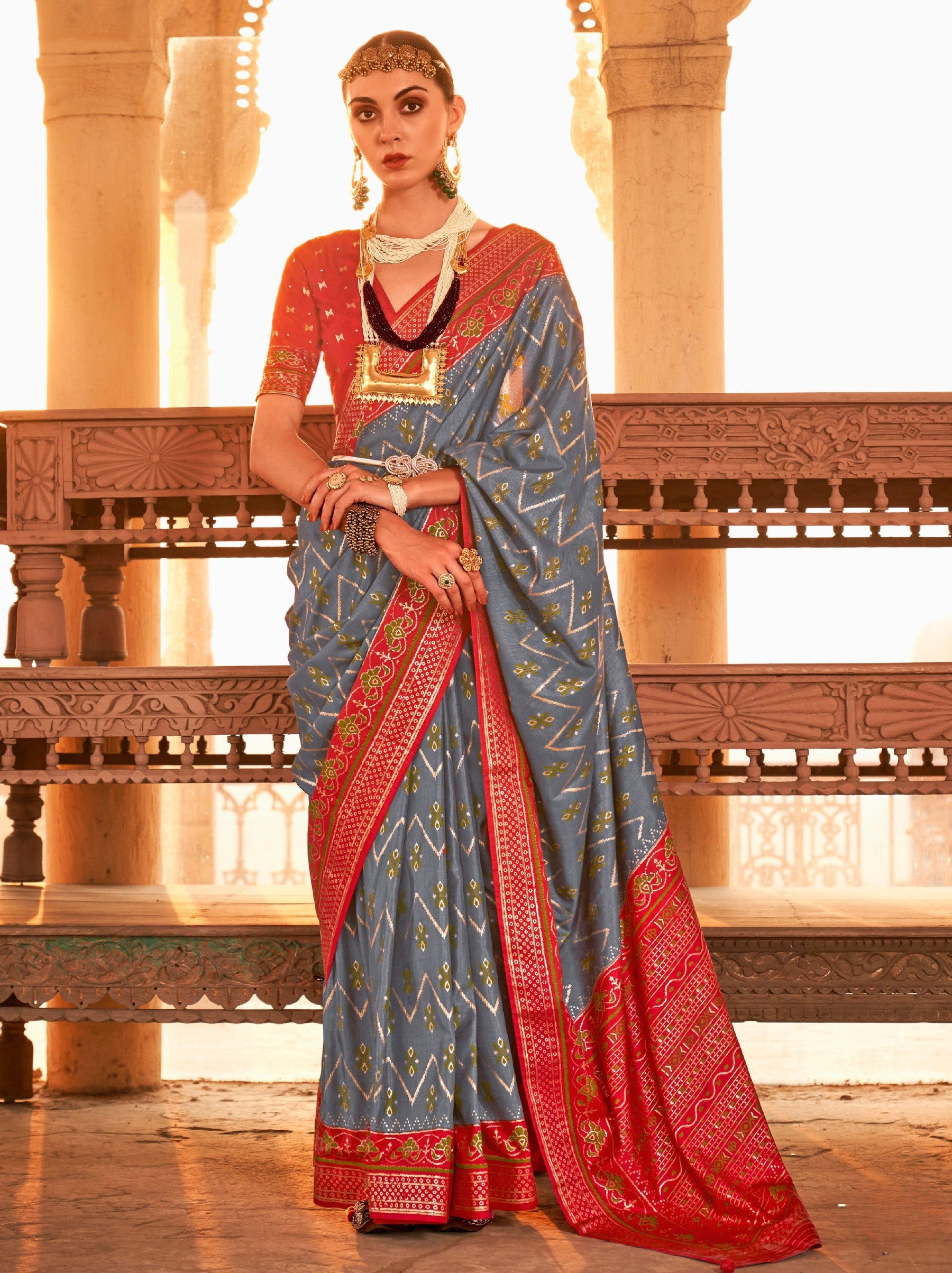 Steel Gray Premium Patola Festive Saree - TrendOye