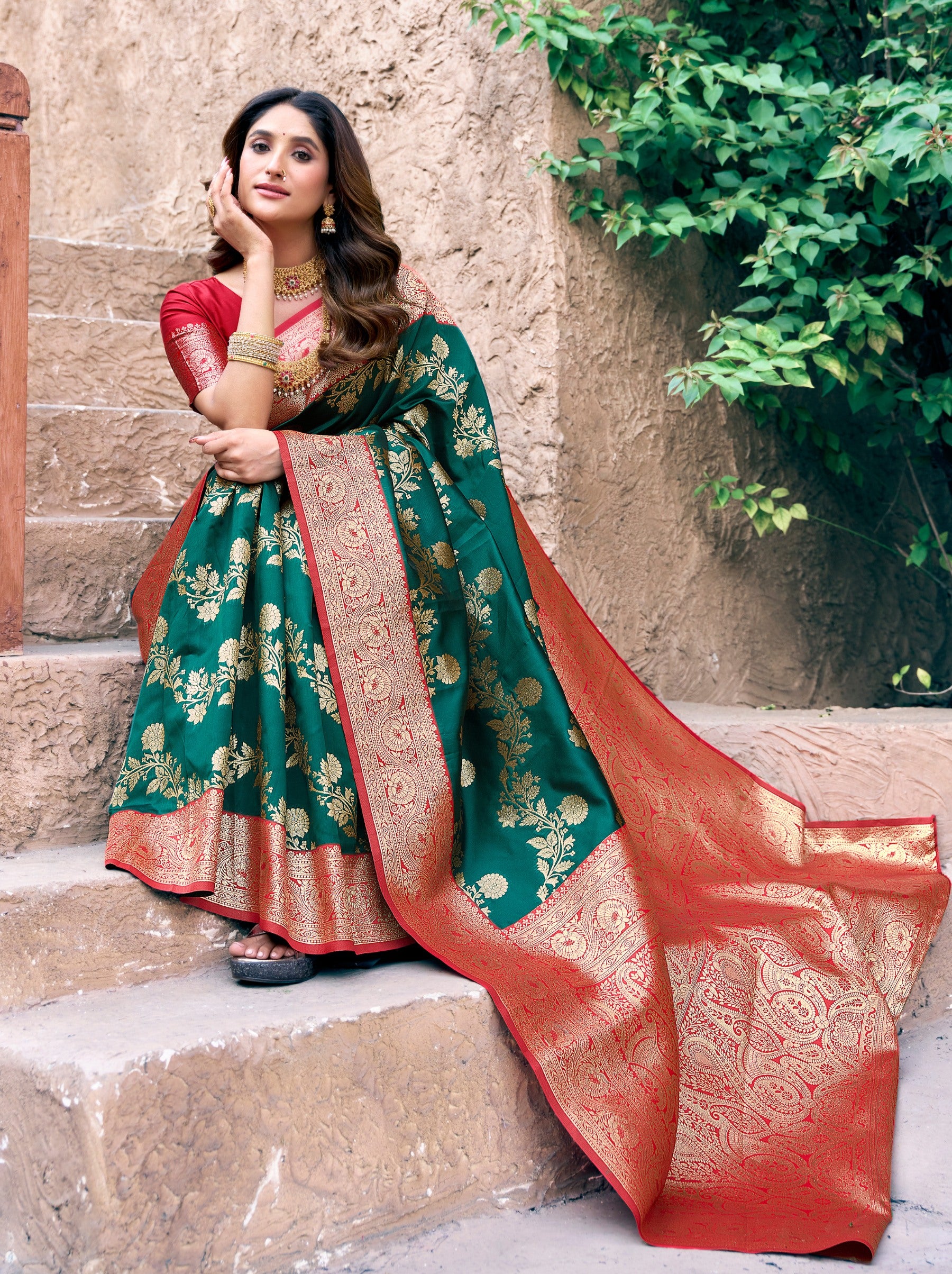 Teal Green Premium Banarasi Silk Wedding Saree - TrendOye