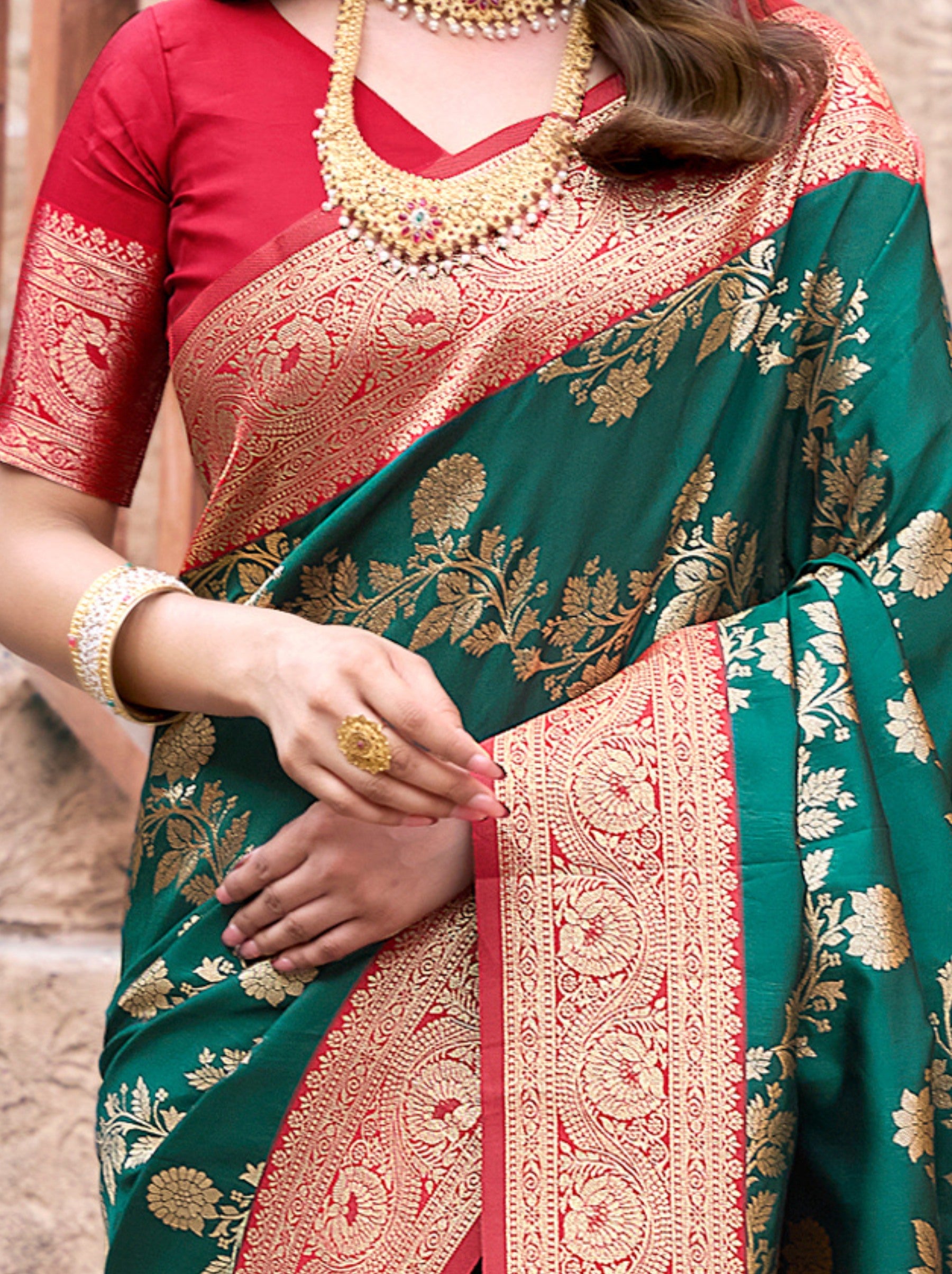 Teal Green Premium Banarasi Silk Wedding Saree - TrendOye