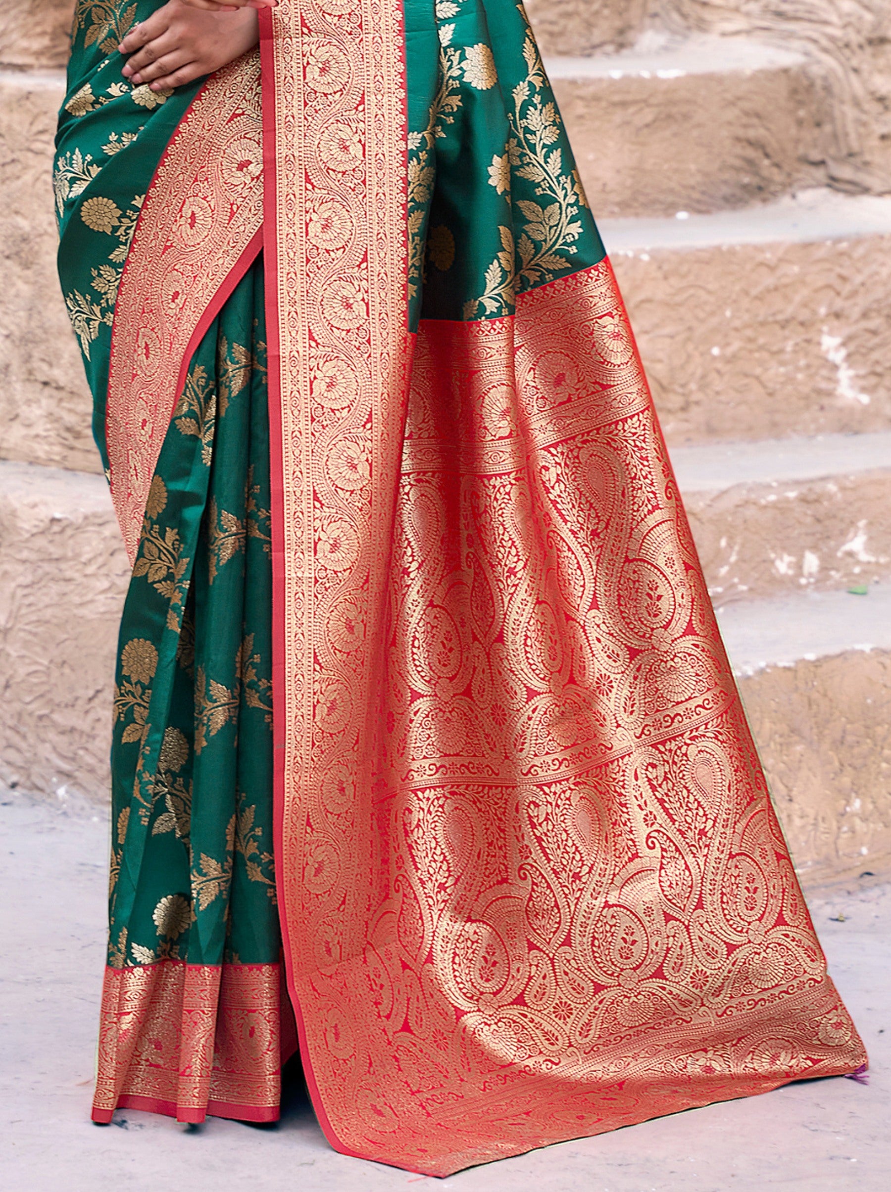 Teal Green Premium Banarasi Silk Wedding Saree - TrendOye