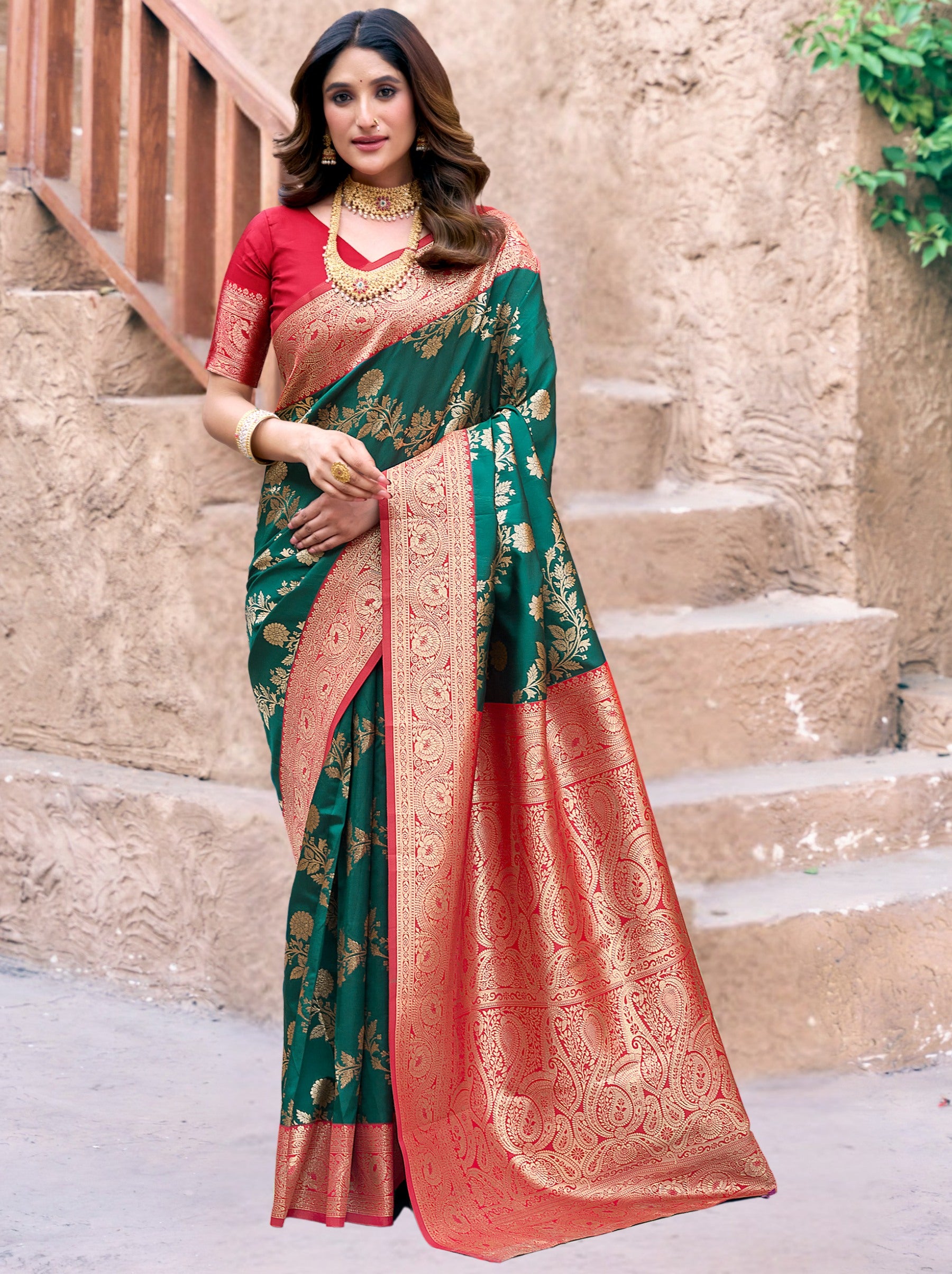 Teal Green Premium Banarasi Silk Wedding Saree - TrendOye