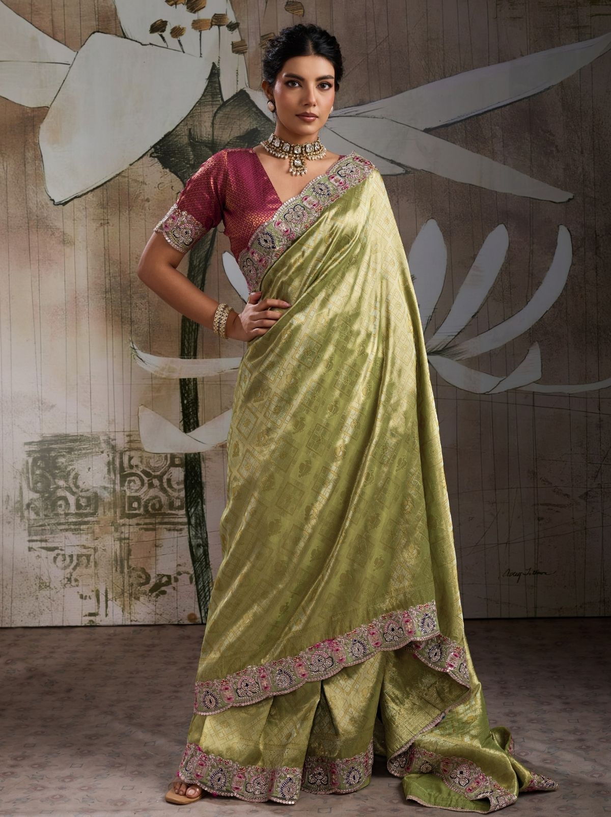 Apple Green Banarasi Silk Celebration Saree With Blouse Piece