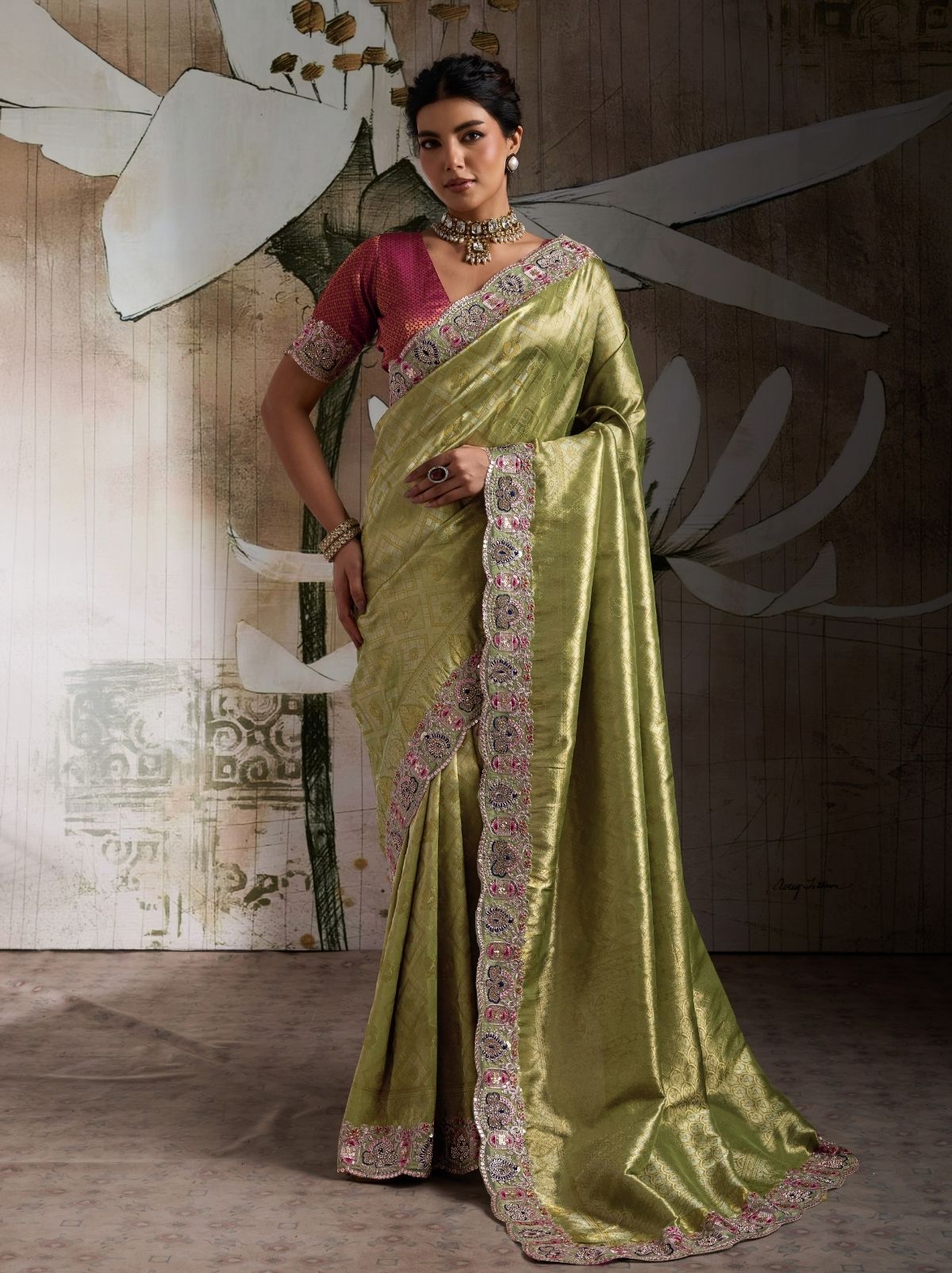 Apple Green Banarasi Silk Celebration Saree With Blouse Piece