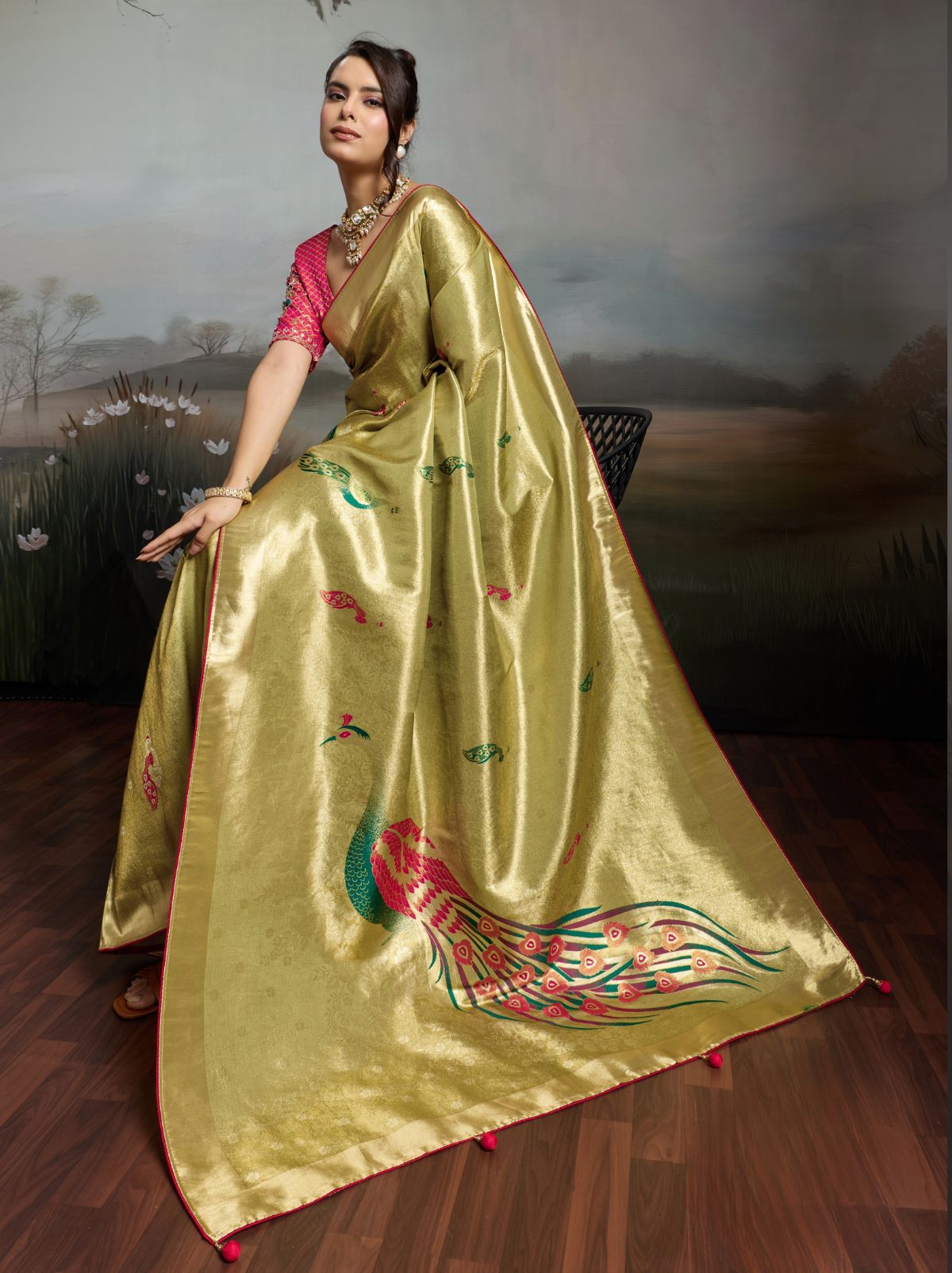 Tea Green Banarasi Silk Festive Saree With Embroidery Work