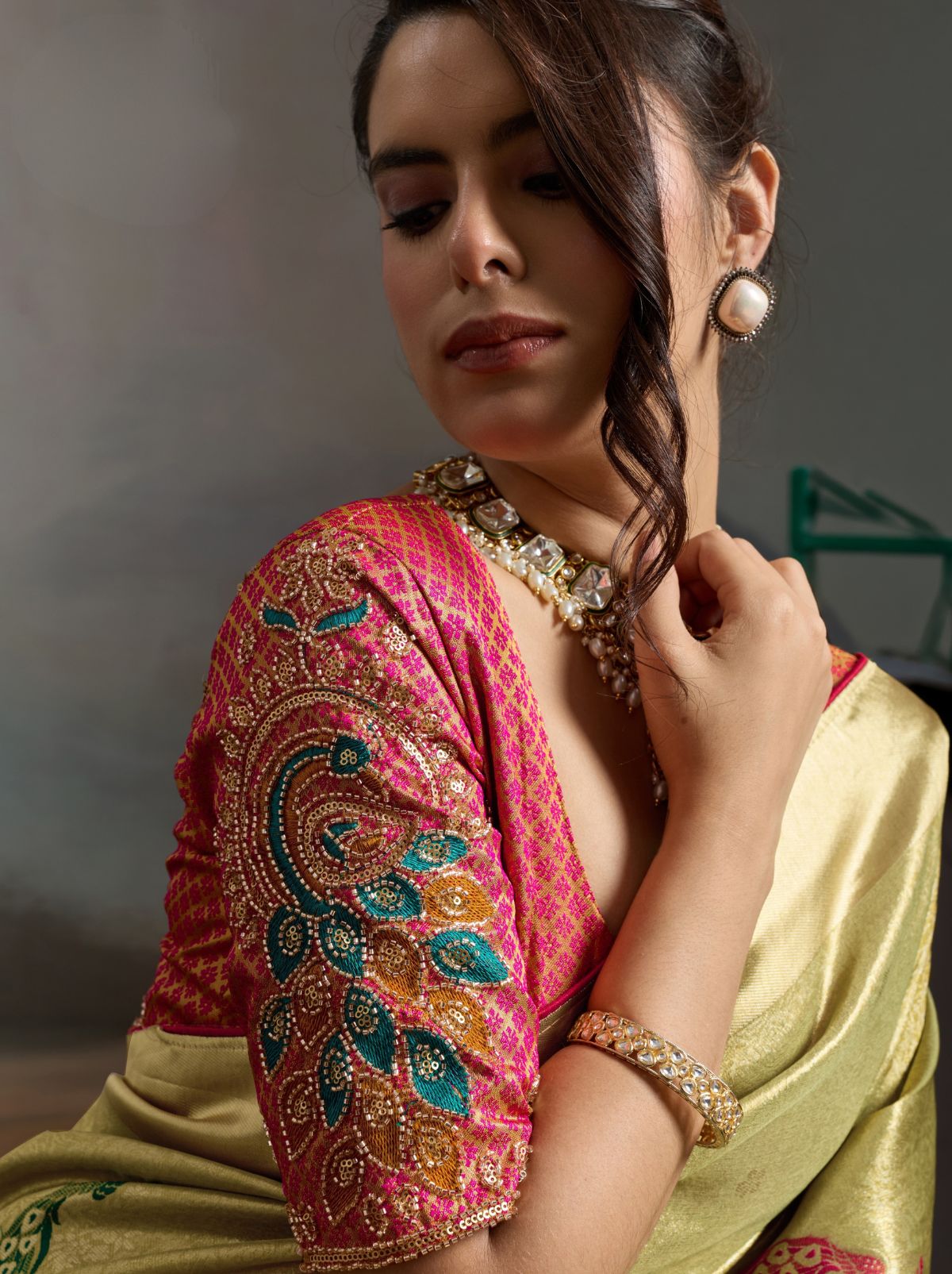 Tea Green Banarasi Silk Festive Saree With Embroidery Work