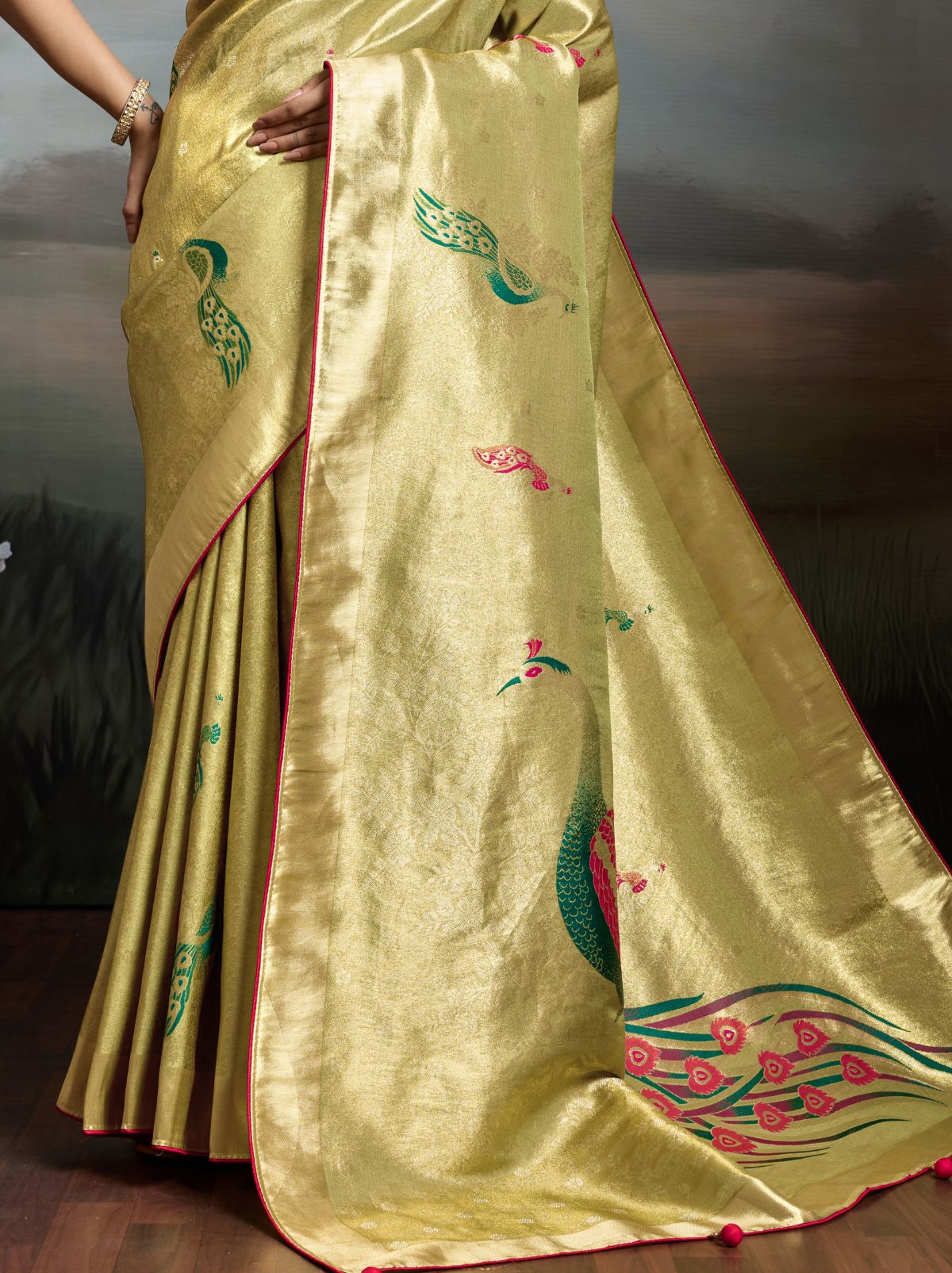 Tea Green Banarasi Silk Festive Saree With Embroidery Work
