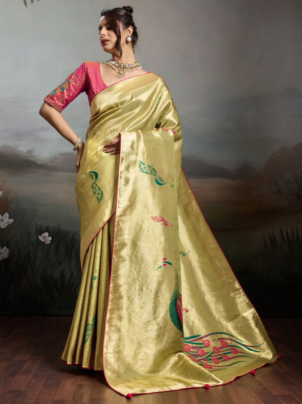 Tea Green Banarasi Silk Festive Saree With Embroidery Work