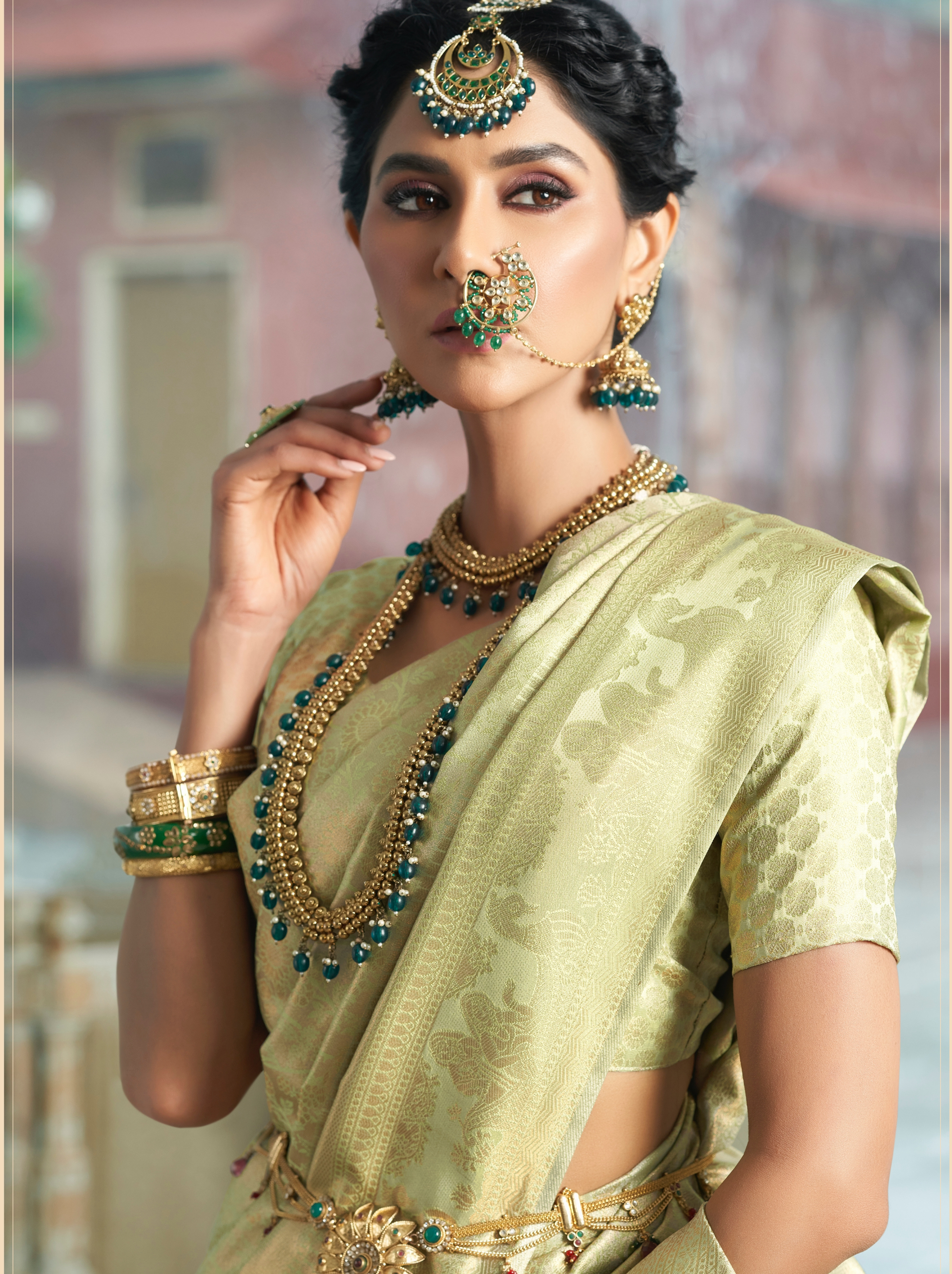 Tea Green Banarasi Silk Wedding Saree With Blouse Piece - TrendOye