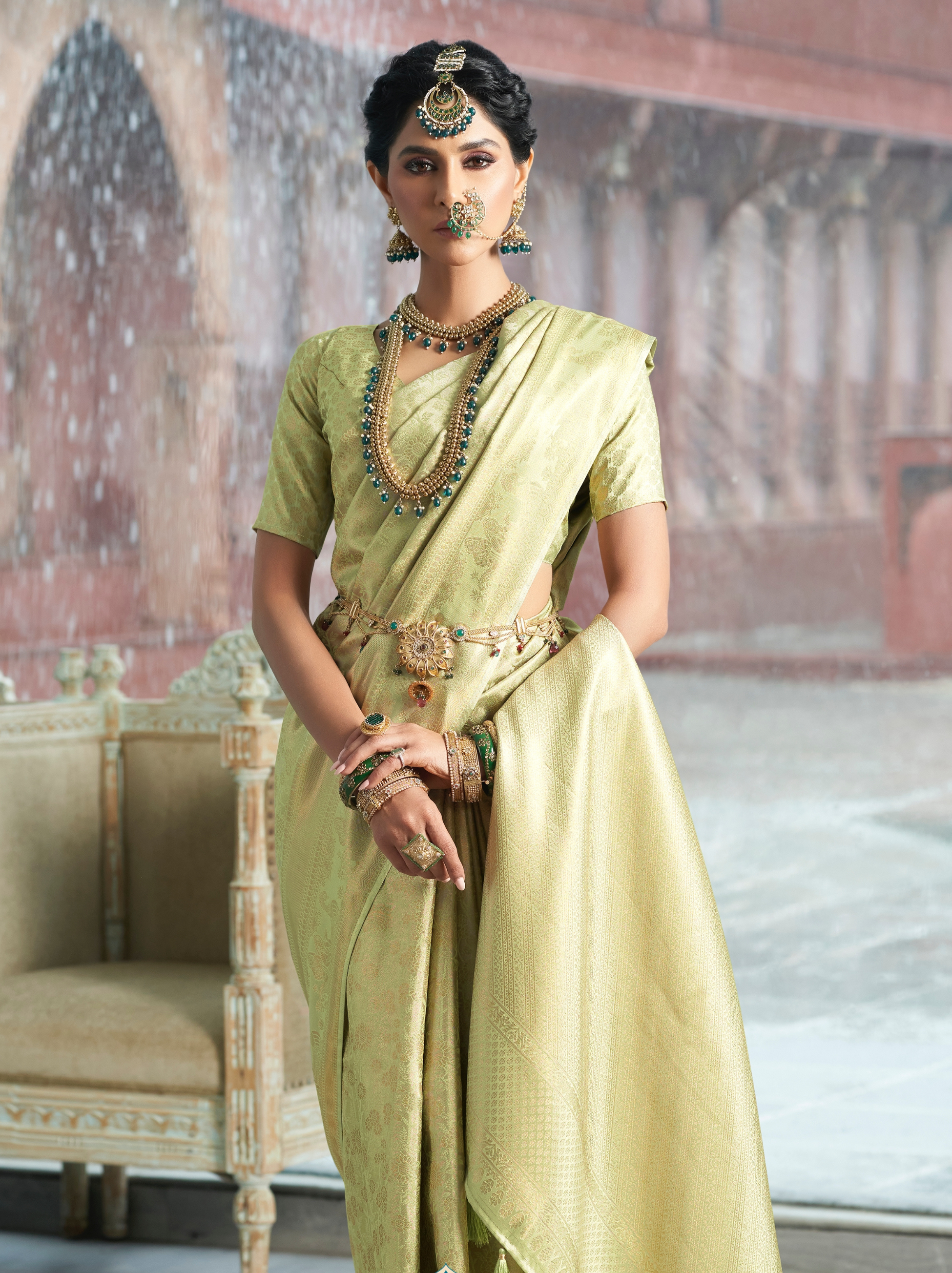 Tea Green Banarasi Silk Wedding Saree With Blouse Piece - TrendOye
