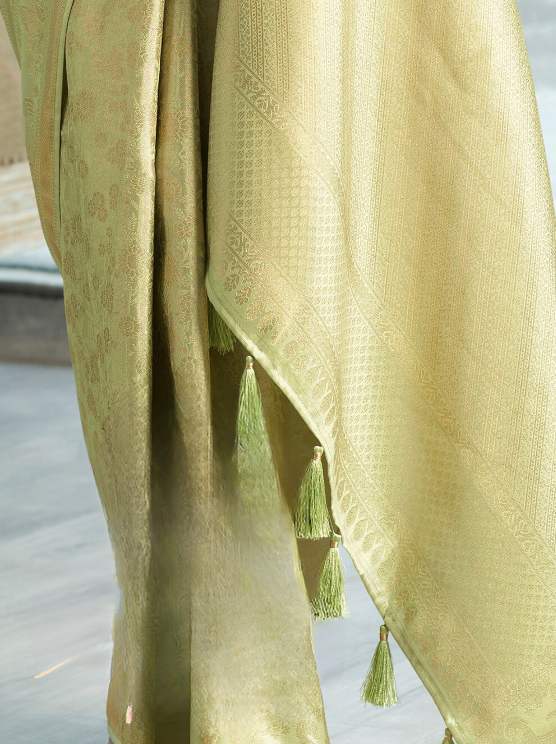 Tea Green Banarasi Silk Wedding Saree With Blouse Piece - TrendOye