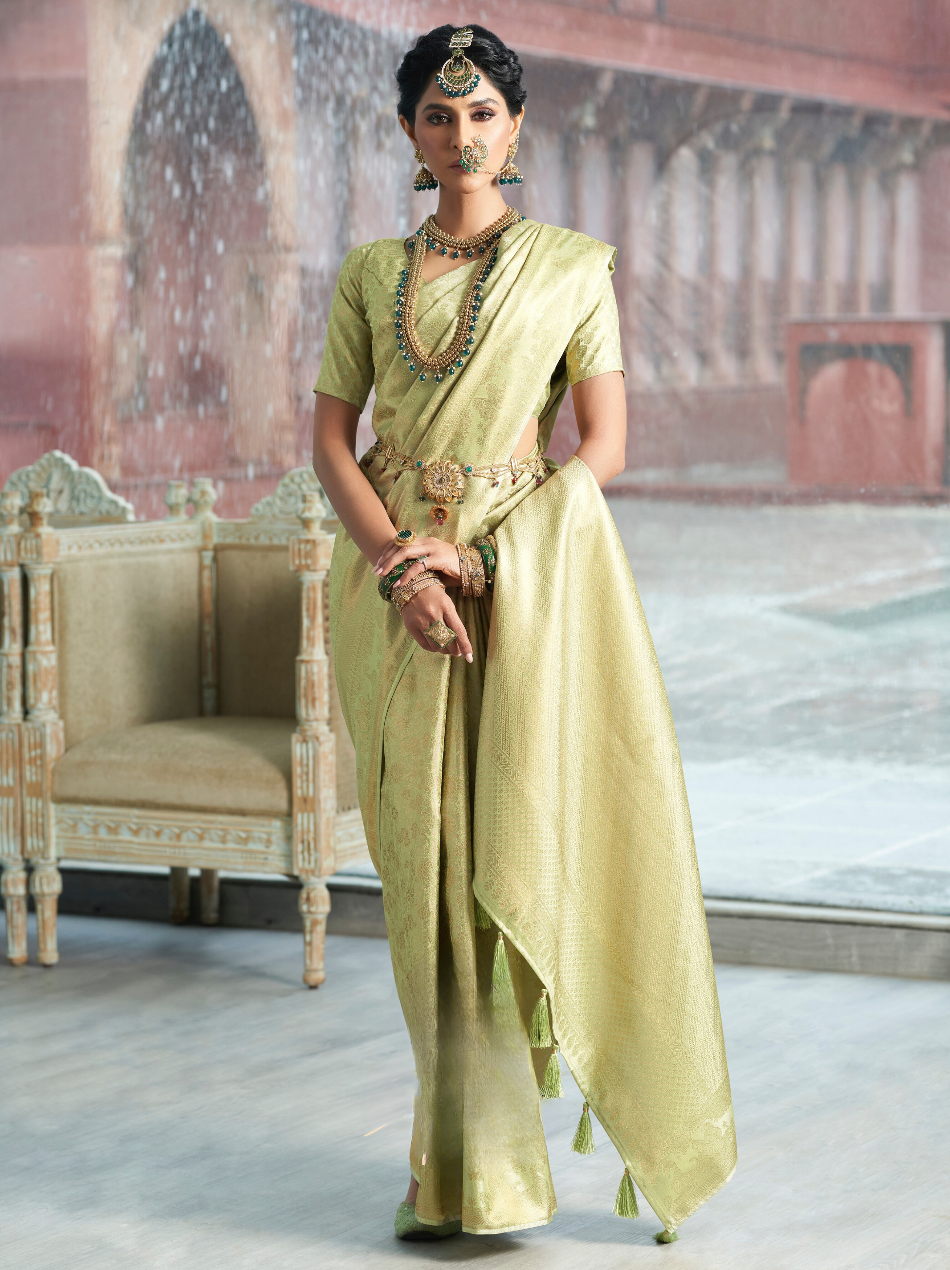 Tea Green Banarasi Silk Wedding Saree With Blouse Piece - TrendOye