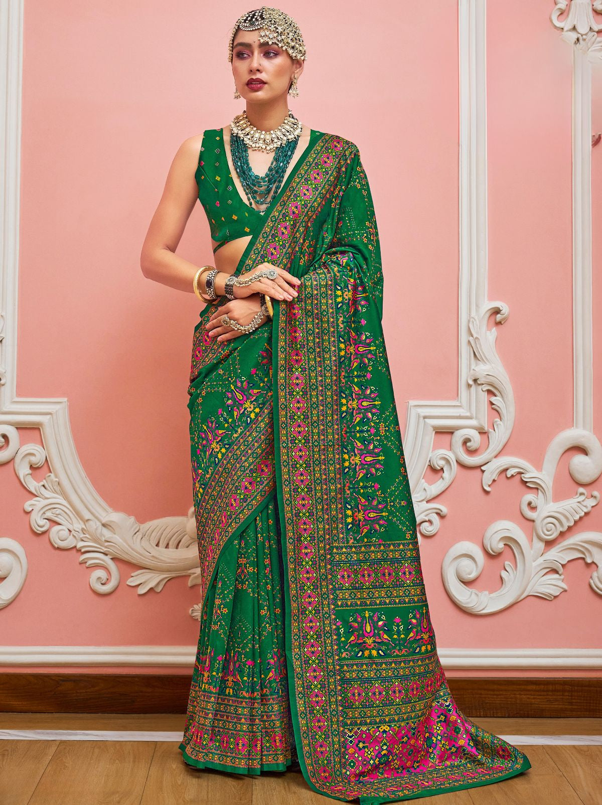 Forest Green Banarasi Silk Saree With Meenakari Work