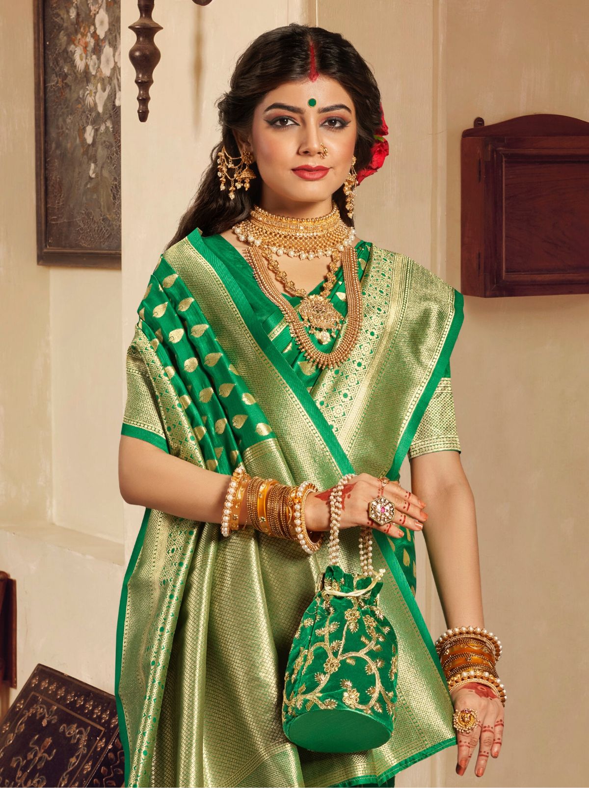 Forest Green Premium Banarasi Designer Saree - TrendOye