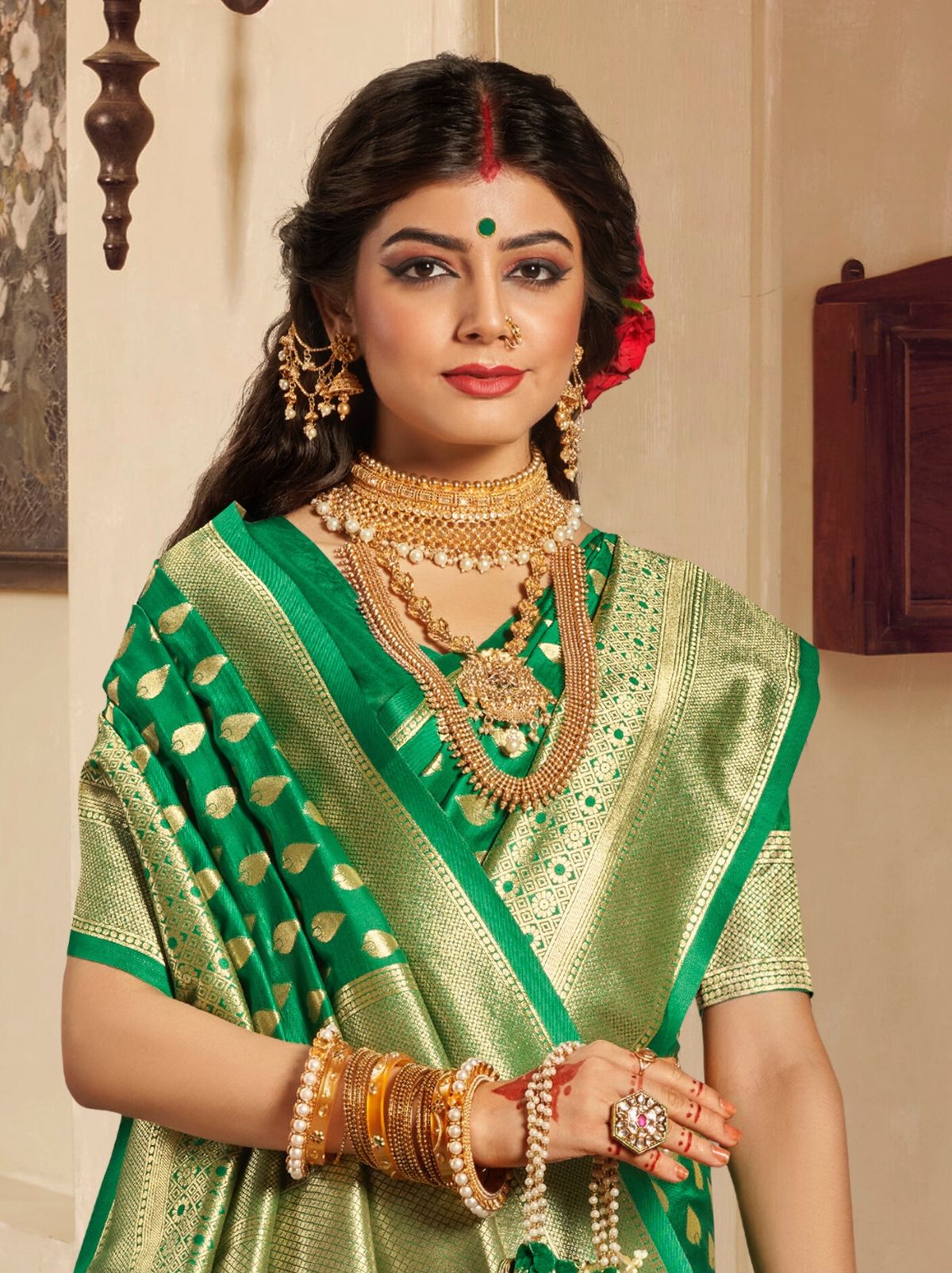 Forest Green Premium Banarasi Designer Saree - TrendOye