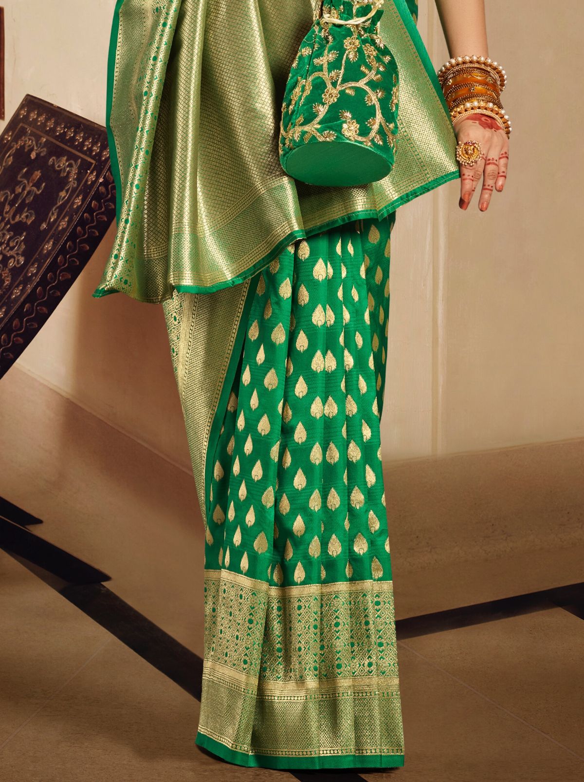 Forest Green Premium Banarasi Designer Saree - TrendOye