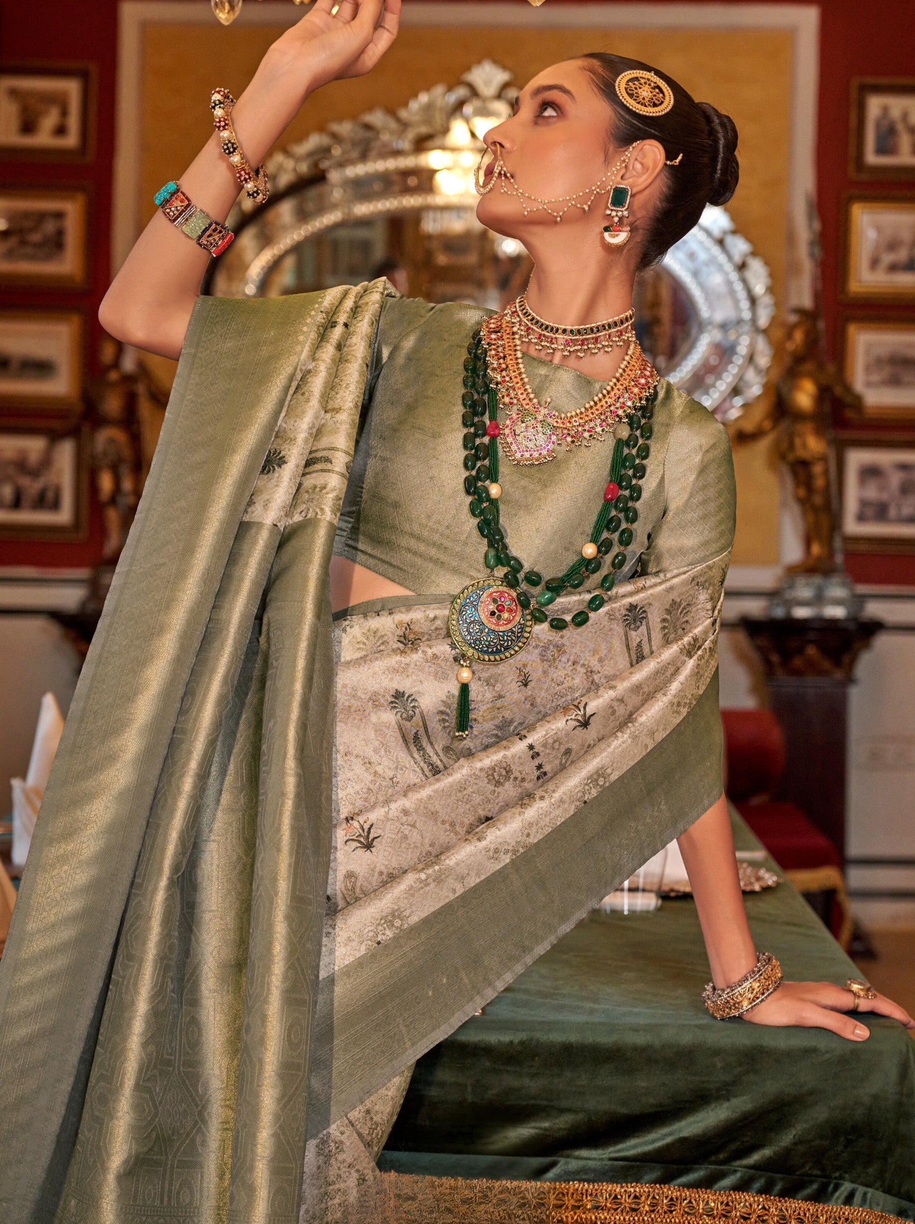 Swamp Green Party Designer Saree - TrendOye
