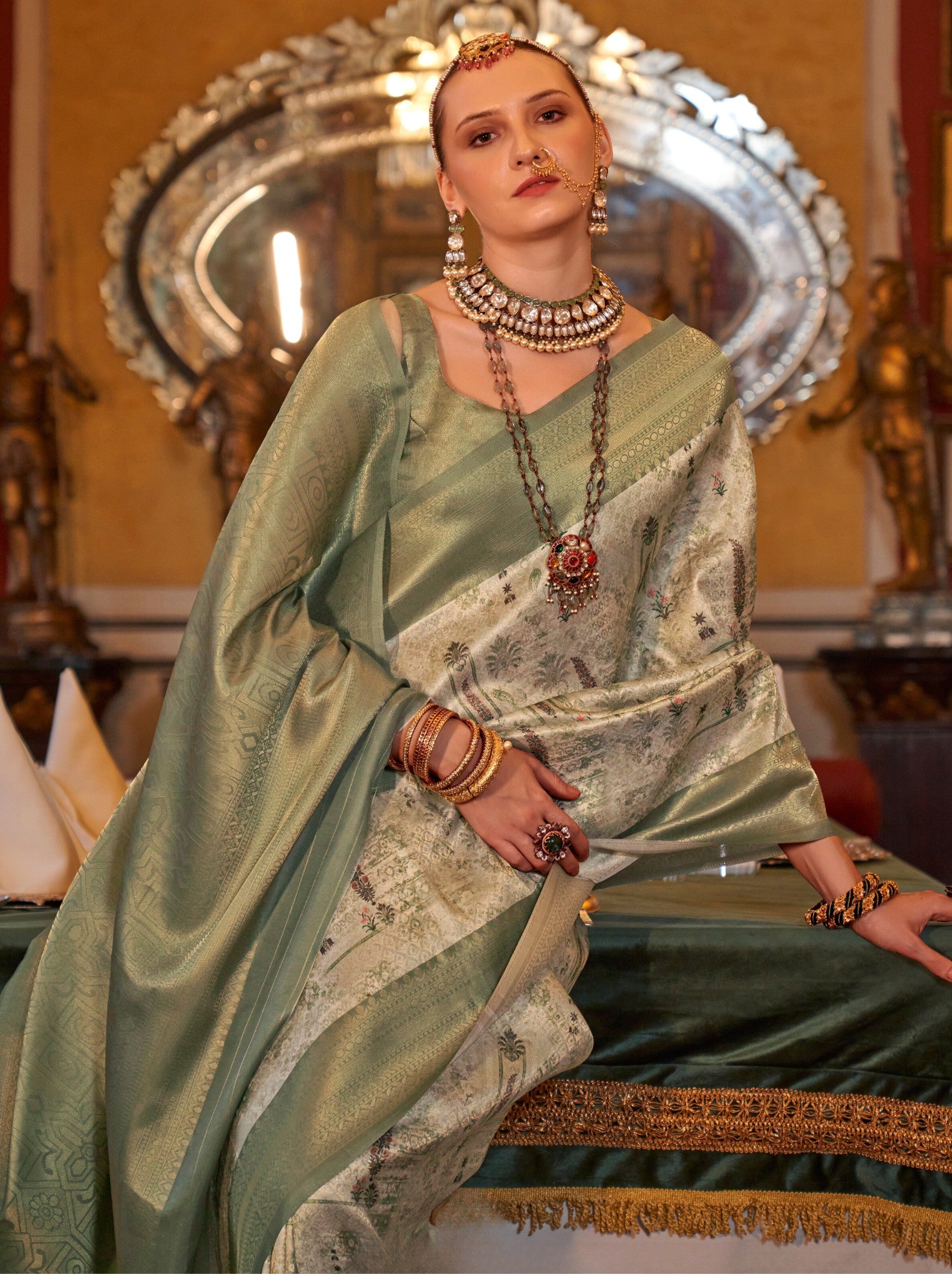 Sage Green Party Designer Saree - TrendOye