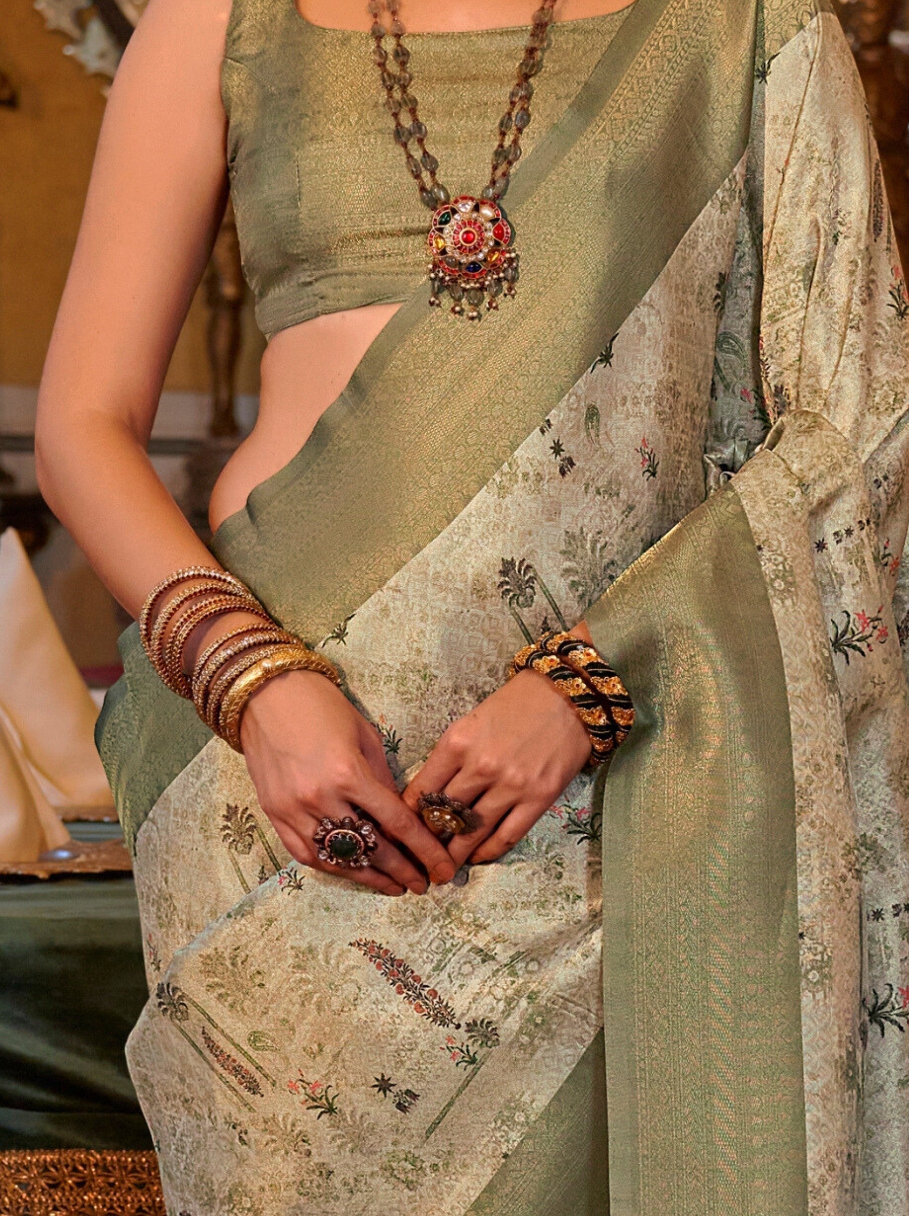 Sage Green Party Designer Saree - TrendOye