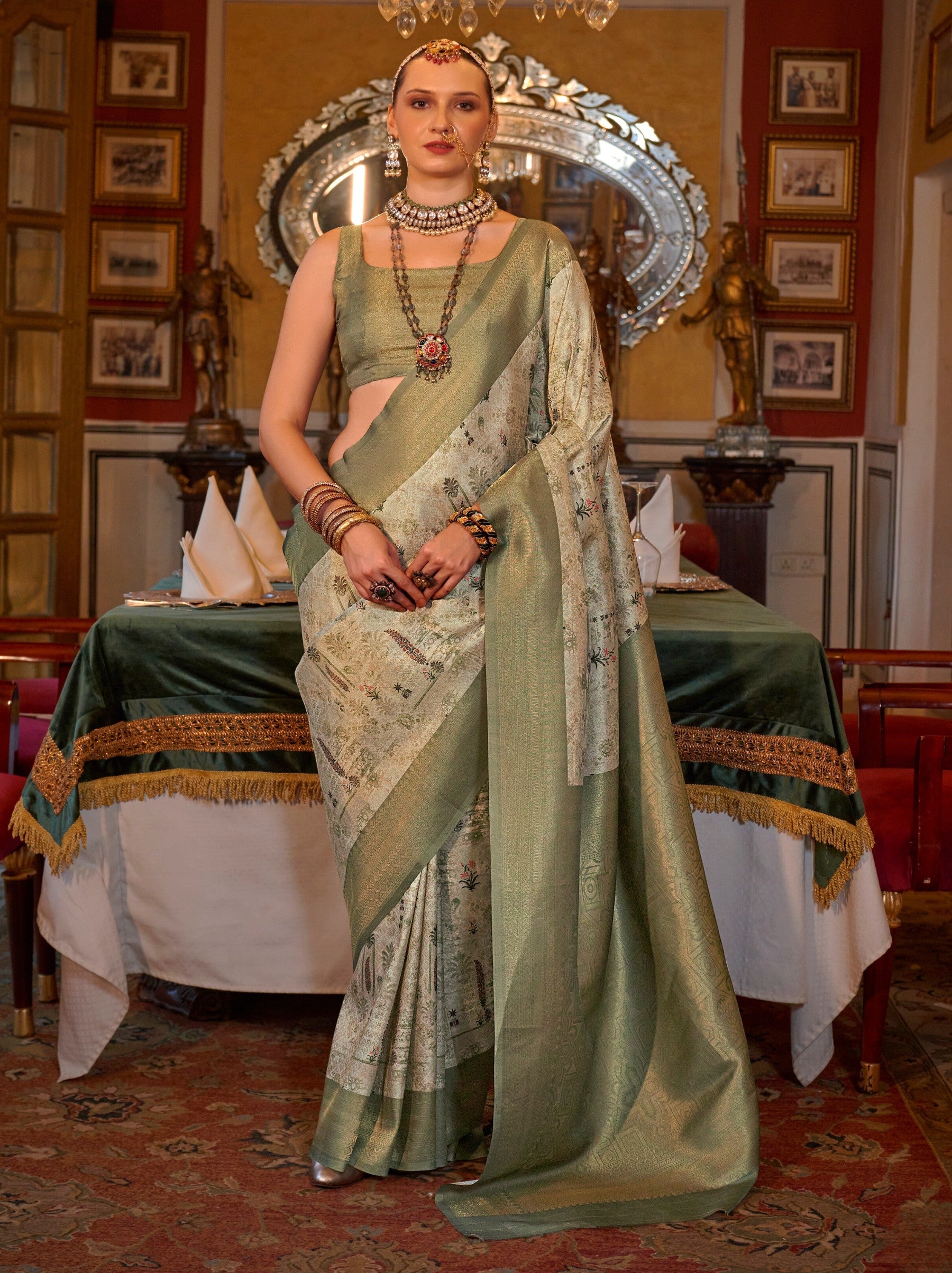 Sage Green Party Designer Saree - TrendOye