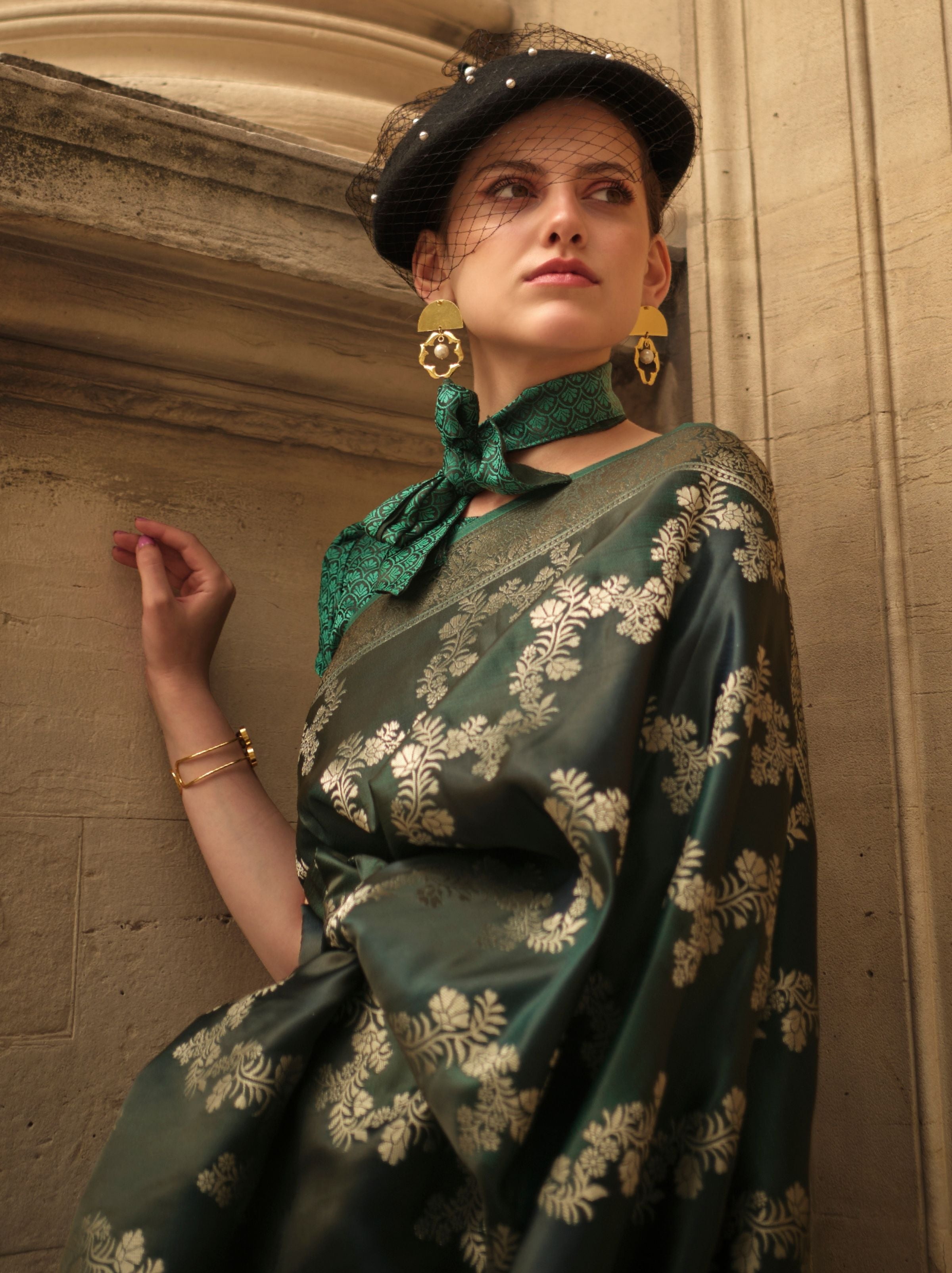 Sacramento Green Designer Satin Silk Blended Saree - TrendOye