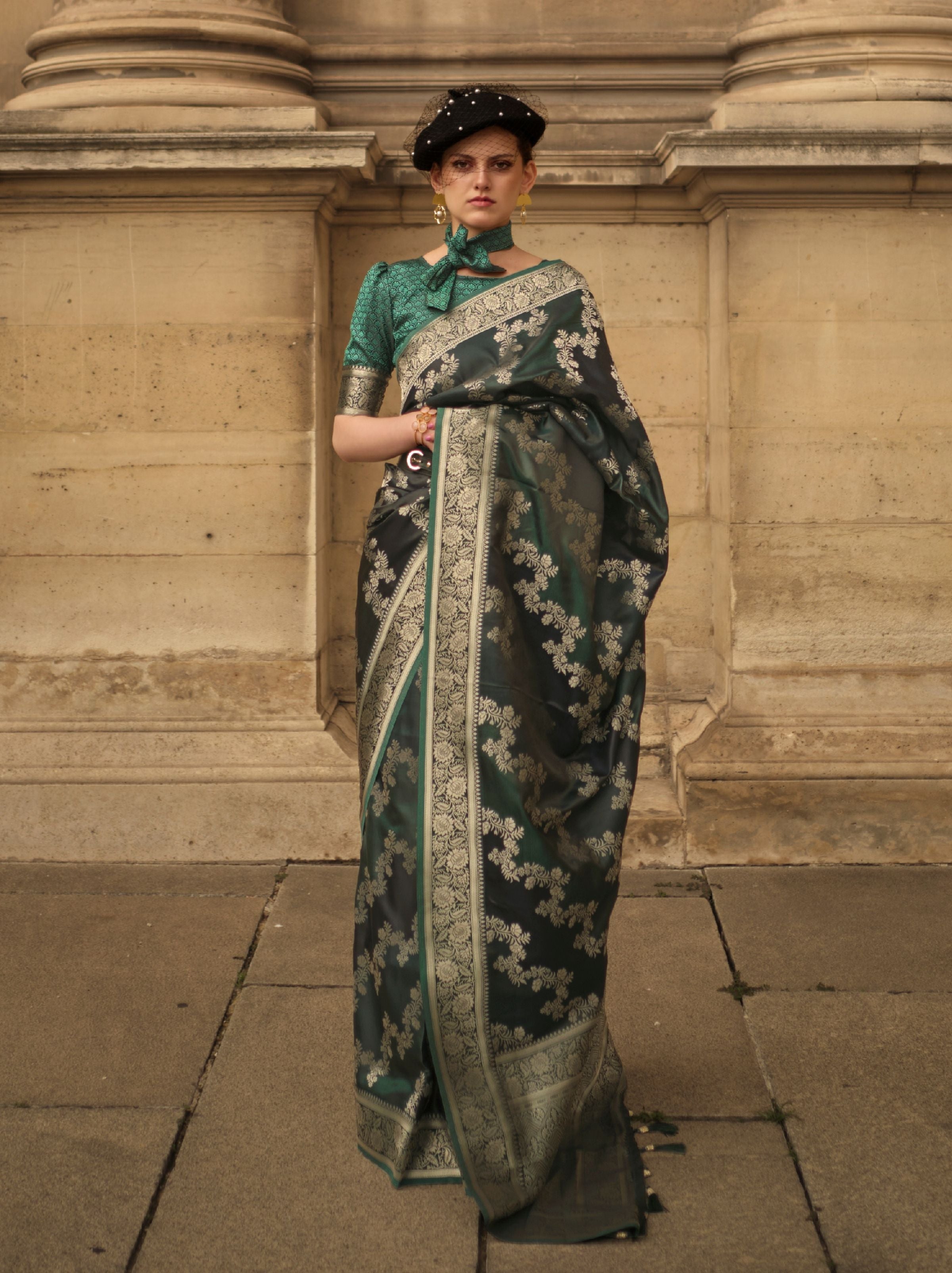 Sacramento Green Designer Satin Silk Blended Saree - TrendOye