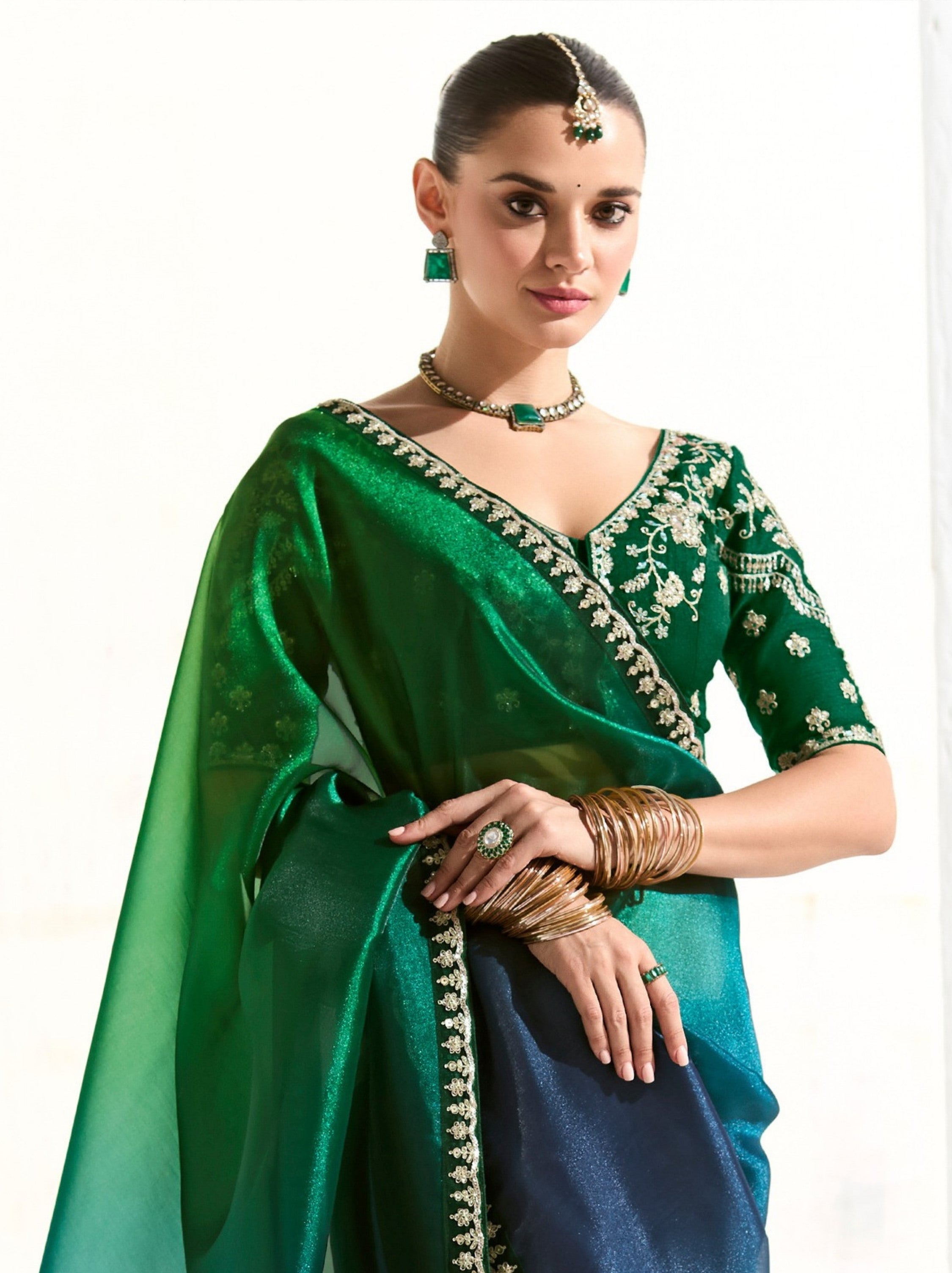 Forest Green Organza Premium Ethnic Designer Saree With Blouse Piece