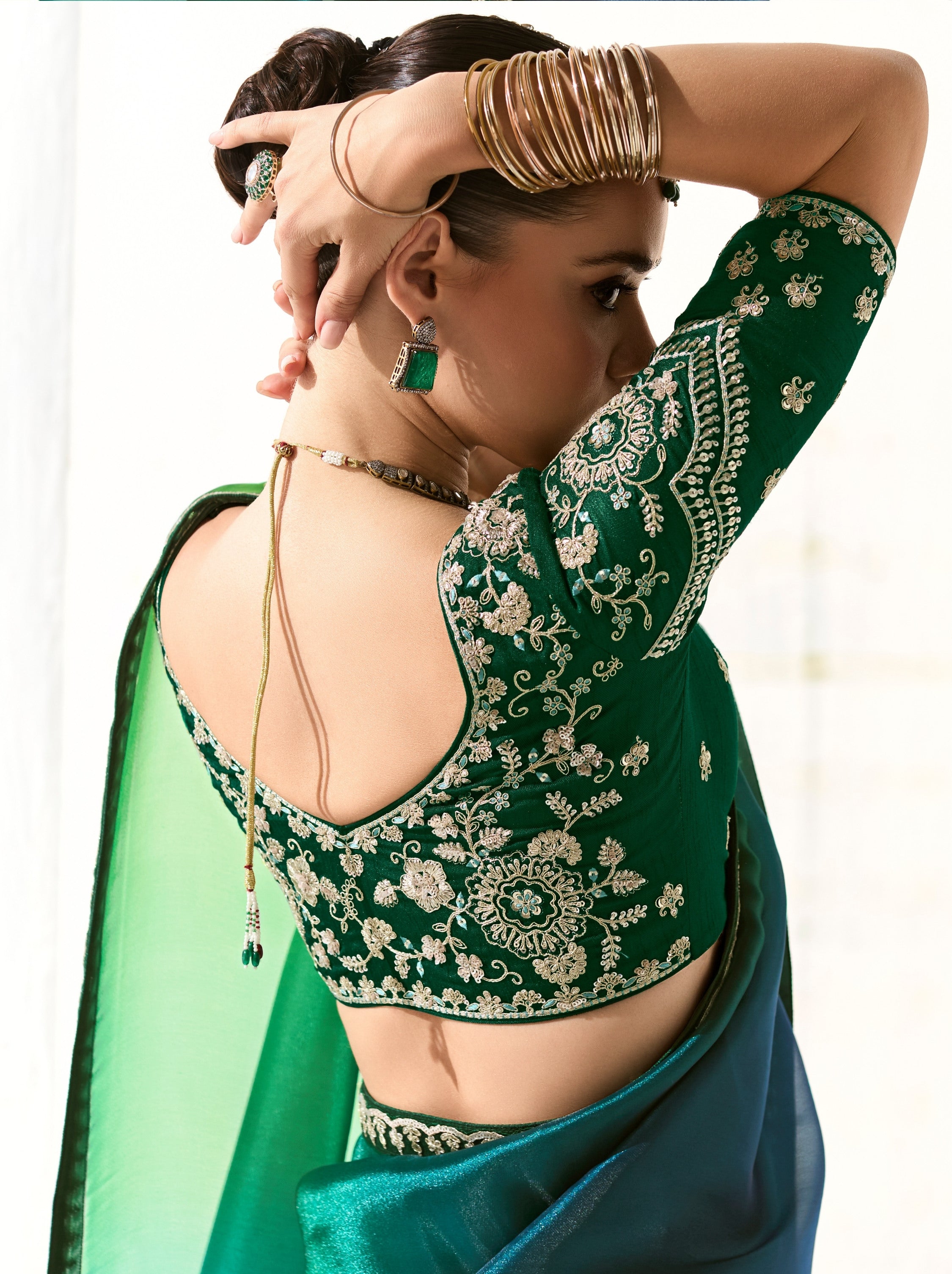 Forest Green Organza Premium Ethnic Designer Saree With Blouse Piece