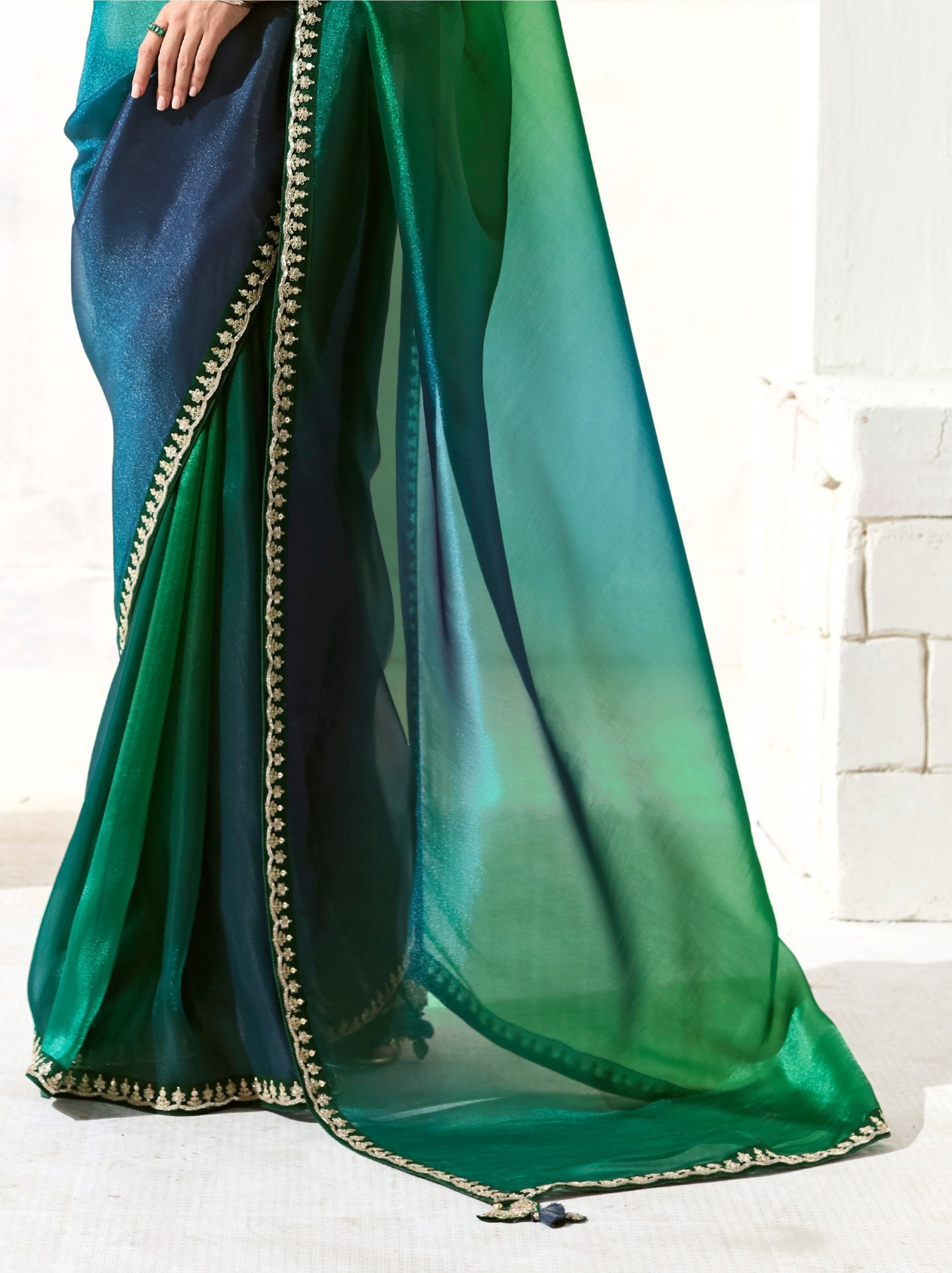 Forest Green Organza Premium Ethnic Designer Saree With Blouse Piece