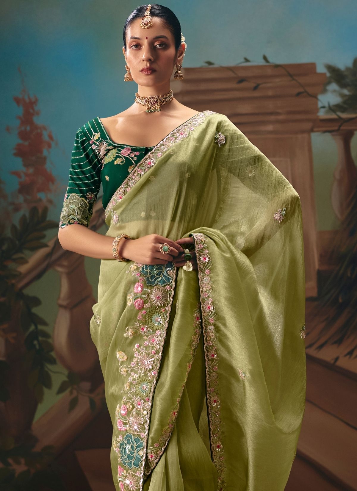 Sage Green Celebration Fancy Saree With Premium Blouse Piece - TrendOye