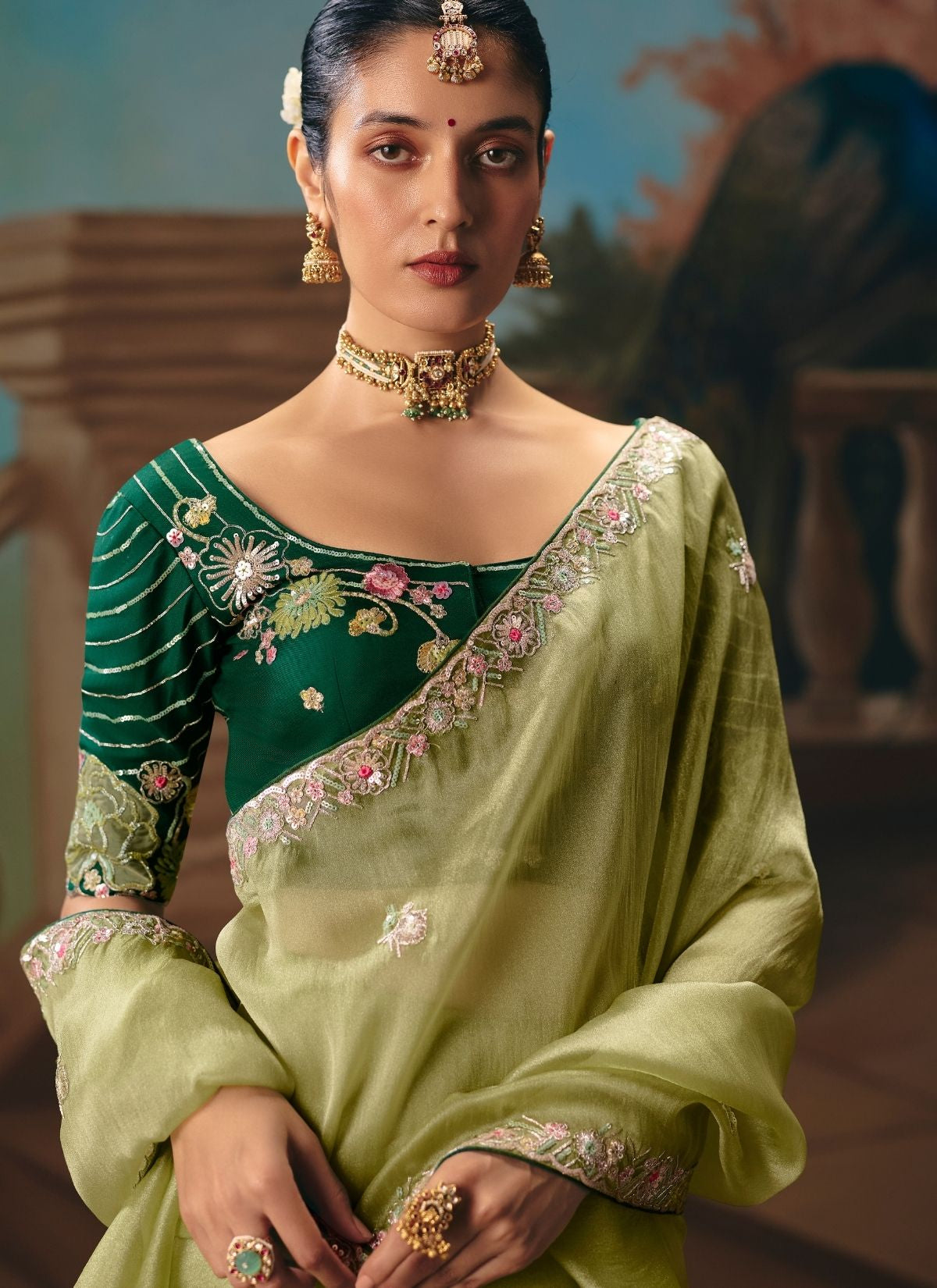 Sage Green Celebration Fancy Saree With Premium Blouse Piece - TrendOye
