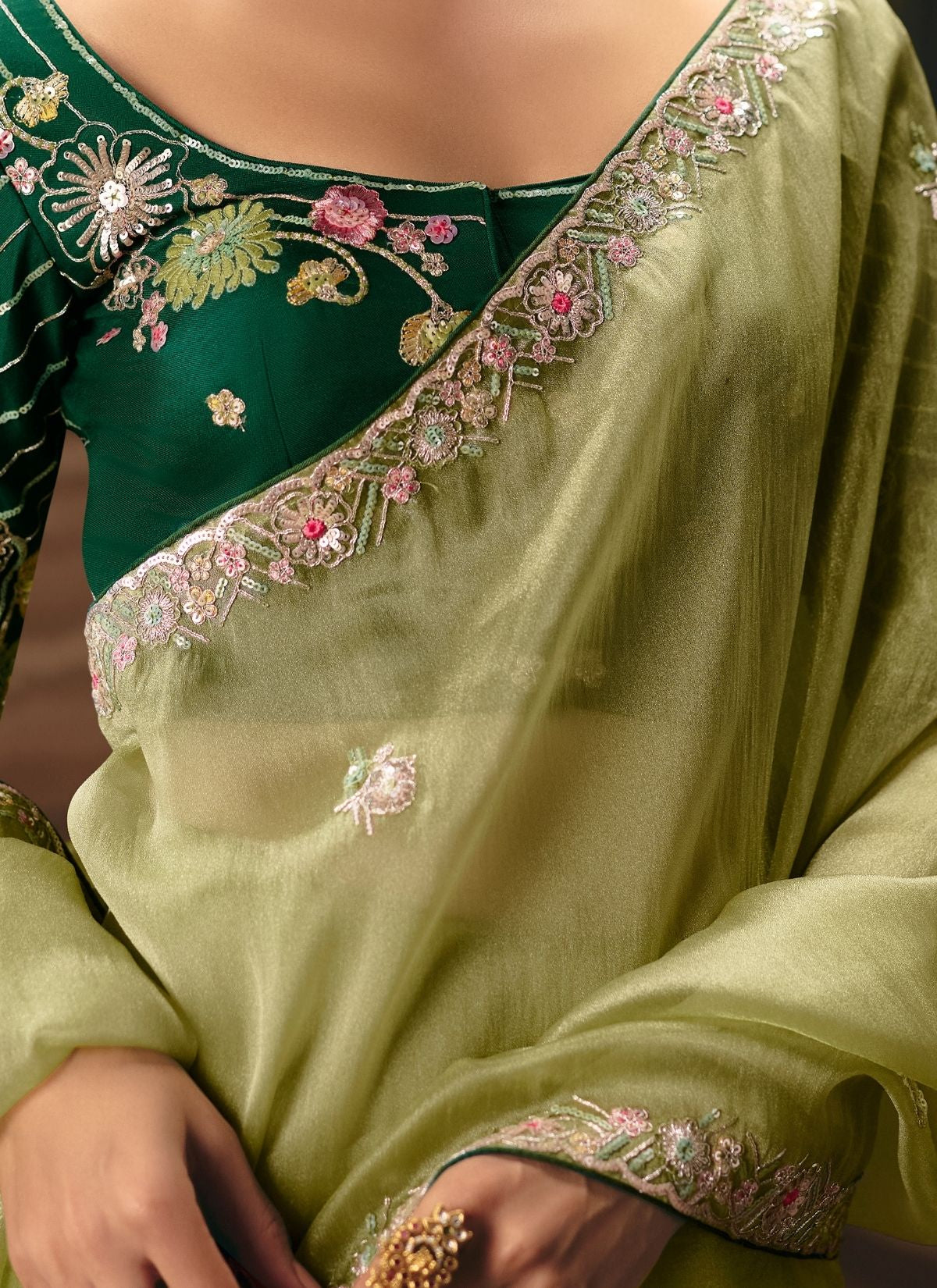 Sage Green Celebration Fancy Saree With Premium Blouse Piece - TrendOye